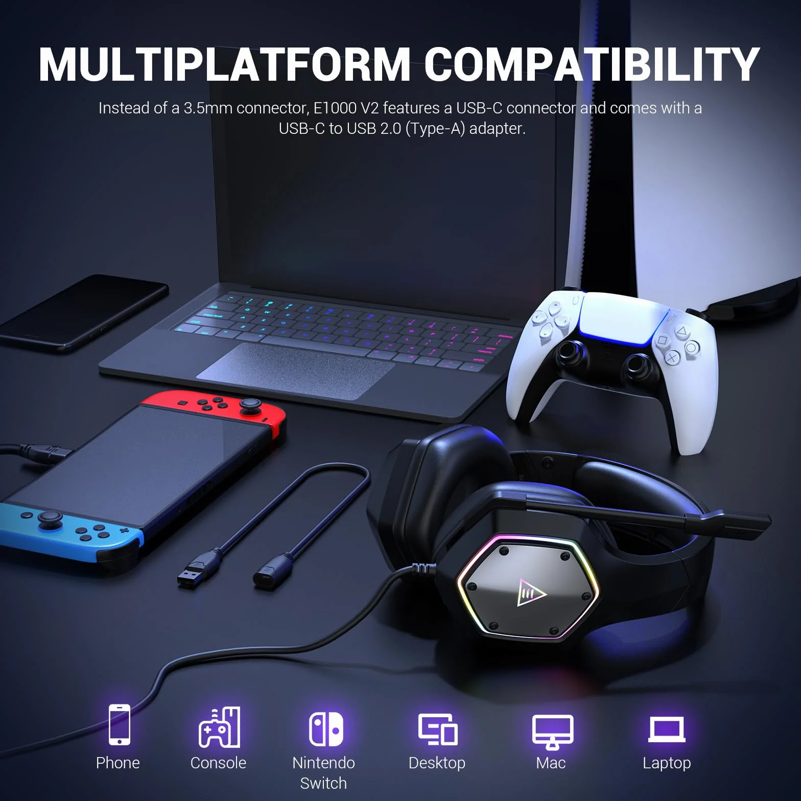 EKSA E1000V2 zestaw słuchawkowy gamingowy, interfejs USB typu C i USB-A, zestaw słuchawkowy z mikrofonem, dźwięk przestrzenny 7.1 i światło RGB, słuchawki gamingowe do PC/PS4/PS5/Mac