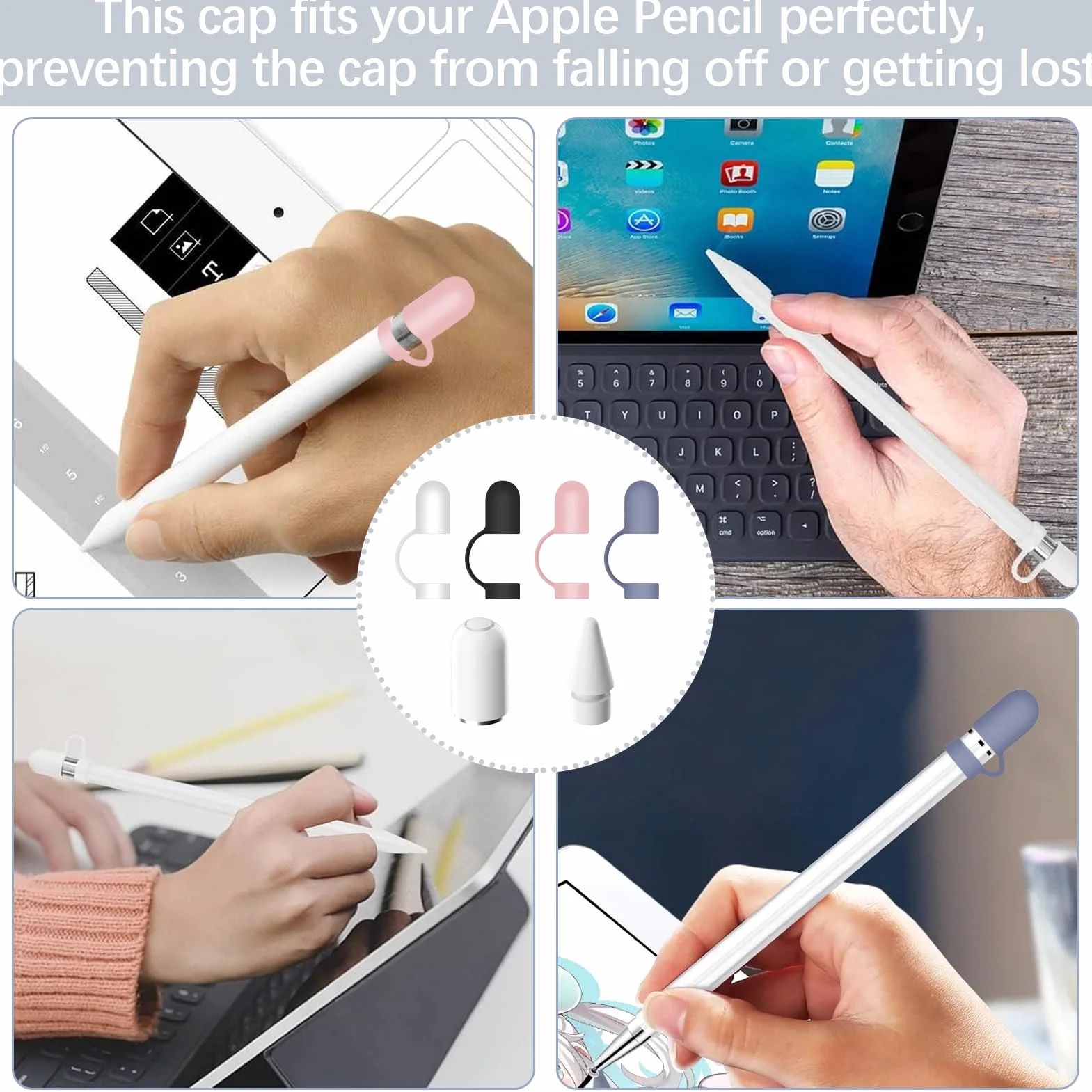 8 szt. zatyczek na ołówki Apple Pencil (2 białe nasadki i końcówki, 4 x etui ochronne, końcówki), nakładka na rysik Apple Pencil 1. generacji, silikonowe zabezpieczenie przed zgubieniem