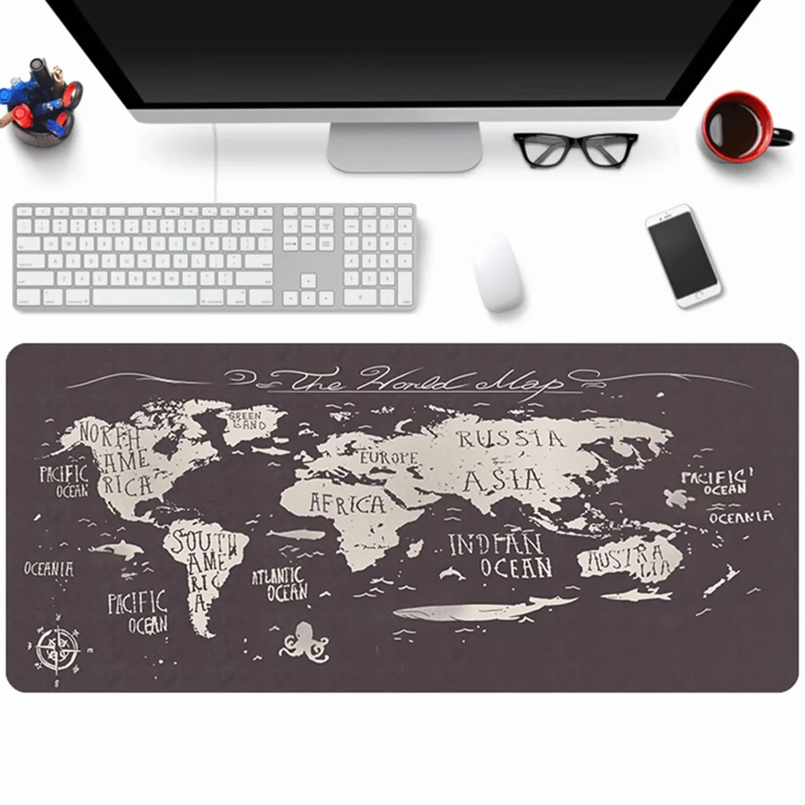 Podkładka pod mysz do gier, mapa retro, duża podkładka pod mysz, 120 x 60 x 0,2 cm, XXL, z przeszytymi krawędziami i antypoślizgową podstawą z naturalnej gumy, podkładka pod mysz dla