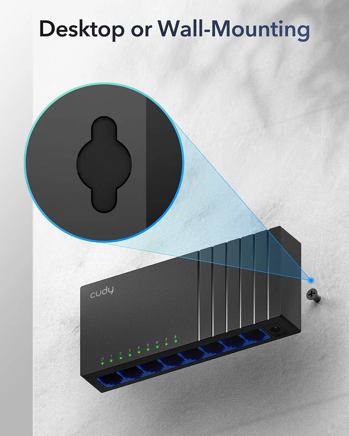 Cudy GS108D Gigabit 8-portowy przełącznik, pulpitowy rozdzielacz Ethernet, bez wentylatora, optymalizacja ruchu, Plug and Play