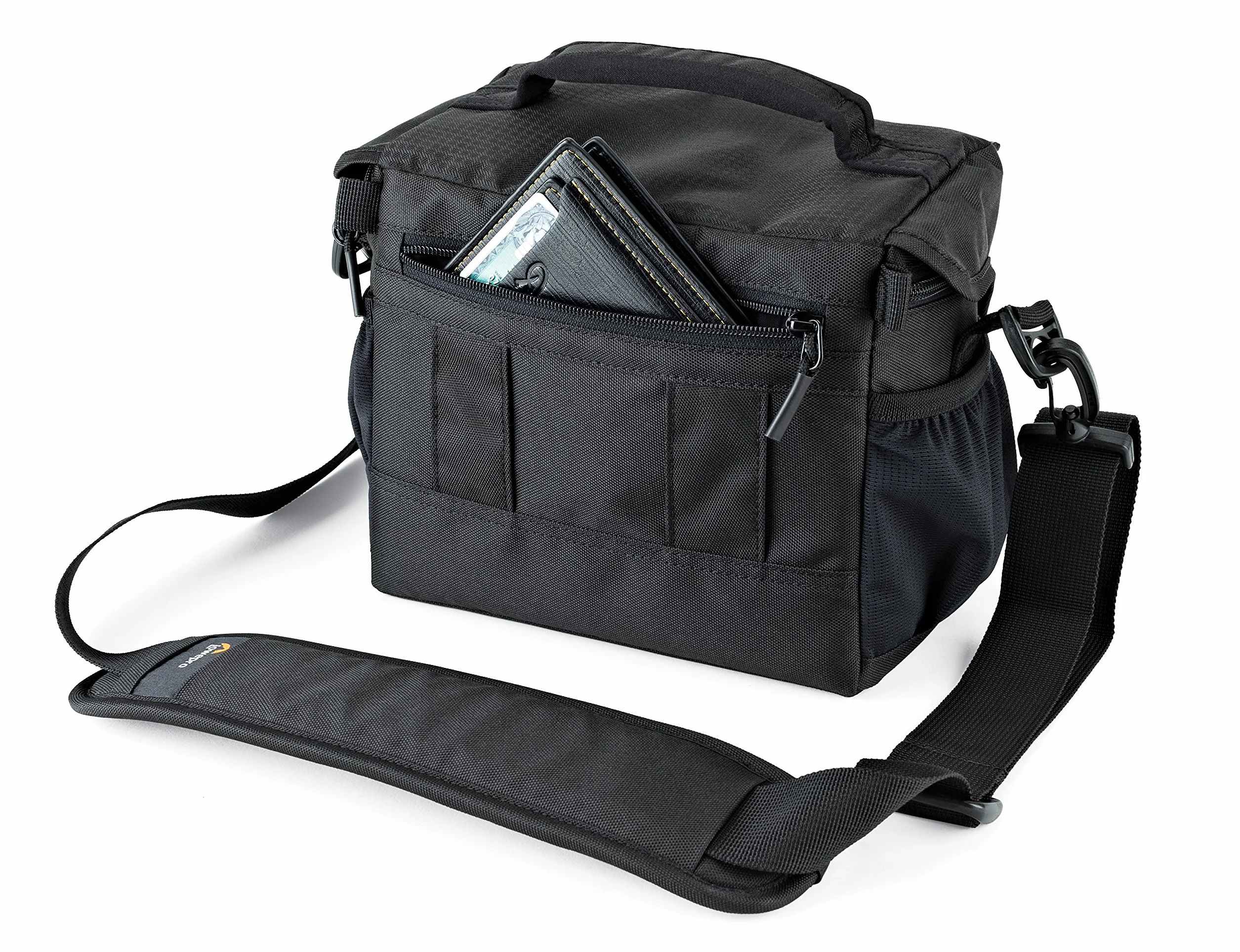 Lowepro Torba na aparat Nova 160 AW II, przenośna, pasuje na lustrzankę cyfrową z obiektywem 17–85 mm, z kompaktowym dronem, 1–2 dodatkowymi obiektywami, lampą błyskową, można ją dopasować, czarna