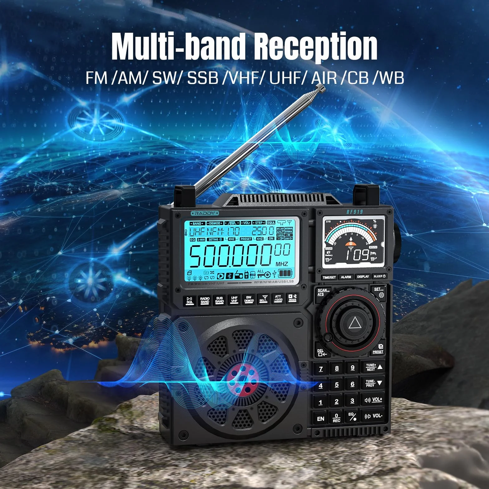 Radio krótkofalowe Raddy RF919 SSB, pełnozakresowy odbiornik FM AM SW VHF UHF AIR CB SSB, z tunerem antenowym, 3 portami anteny zewnętrznej, akumulatorem 5000mAh, gniazdem słuchawkowym