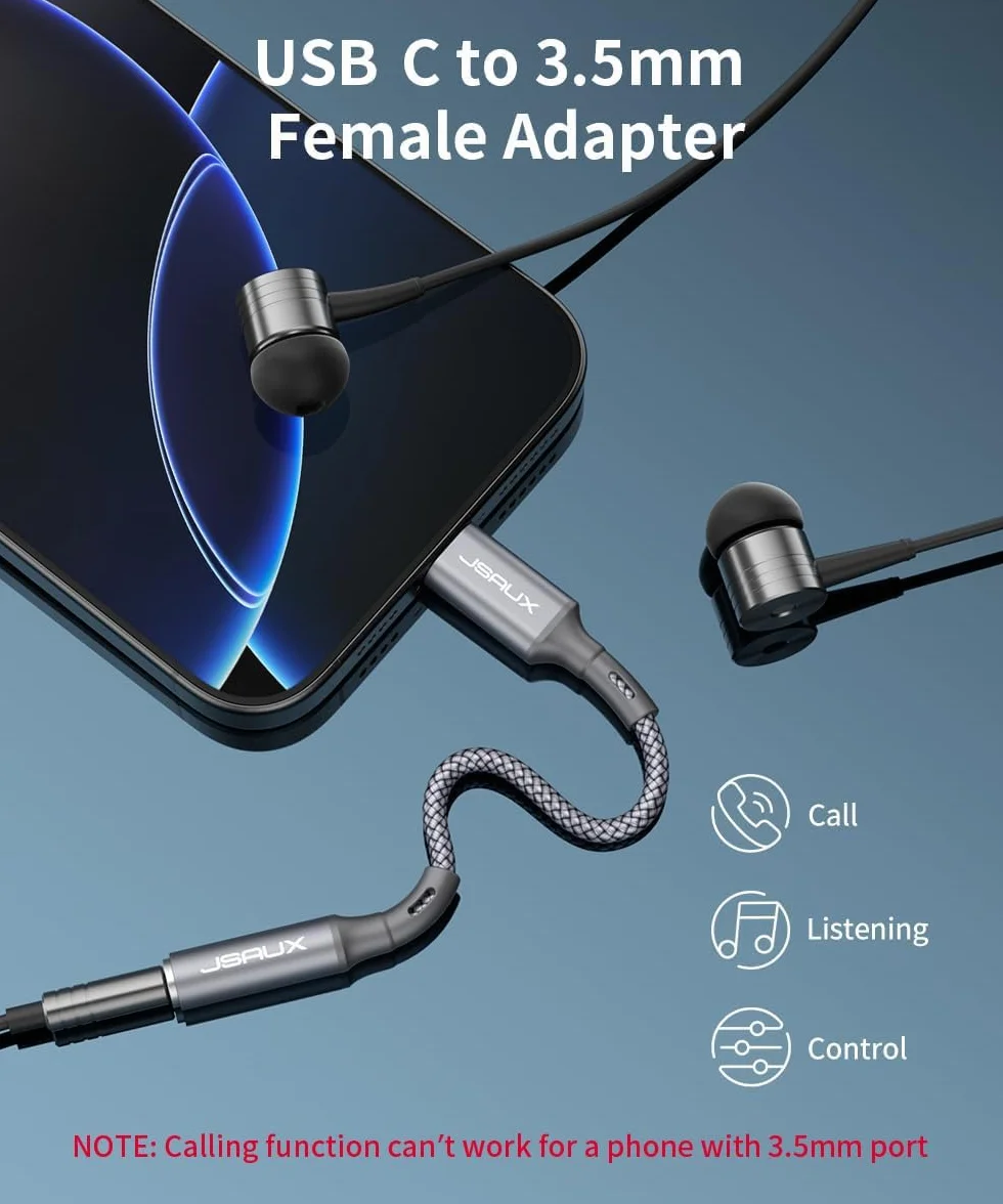 JSAUX Adapter USB C do jack 3,5 mm, gniazdo jack typu C AUX adapter audio kompatybilny z iPhone 17 Pro Max/16 Pro/15 Pro Max/15 Pro, Samsung S24/S23/S22/S21, iPad Pro, Pixel 6/4XL-szary