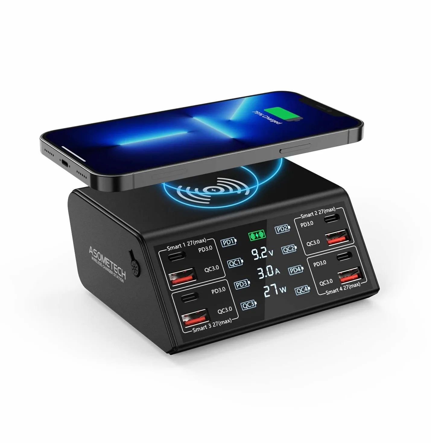 Ładowarka USB, ASOMETECH 100 W, 8 portów, wiele stacji ładujących USB z 4 szybkim ładowaniem 3.0, 4 portami USB C PD, bezprzewodową ładowarką, wyświetlaczem LCD, koncentratorem szybkiego ładowania do