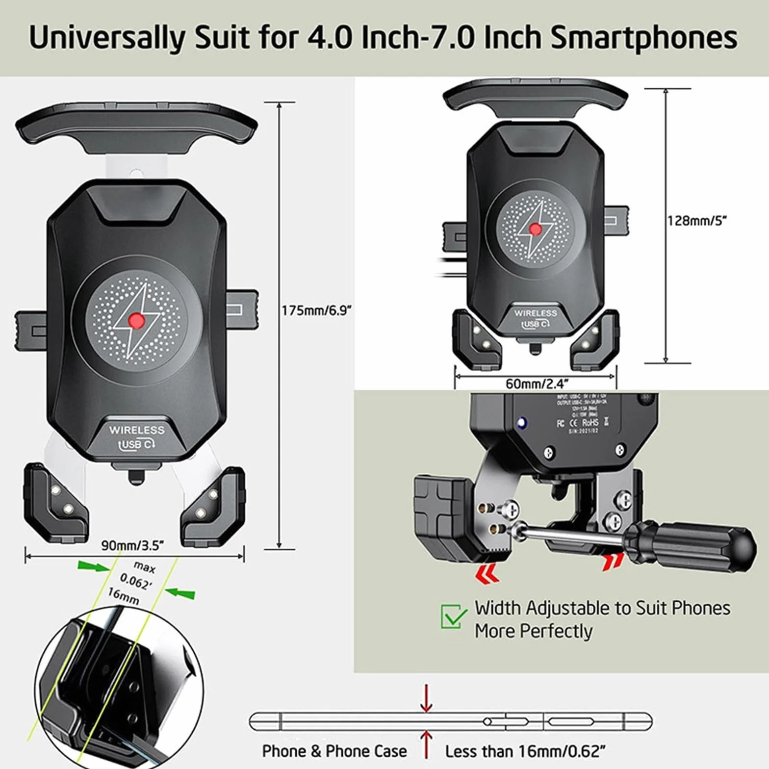 Uchwyt na telefon bezprzewodowy do motocykla z zabezpieczeniem antykradzieżowym, szybka ładowarka, uchwyt na telefon do motocykla 4,0-7,0"(Wireless Charger)
