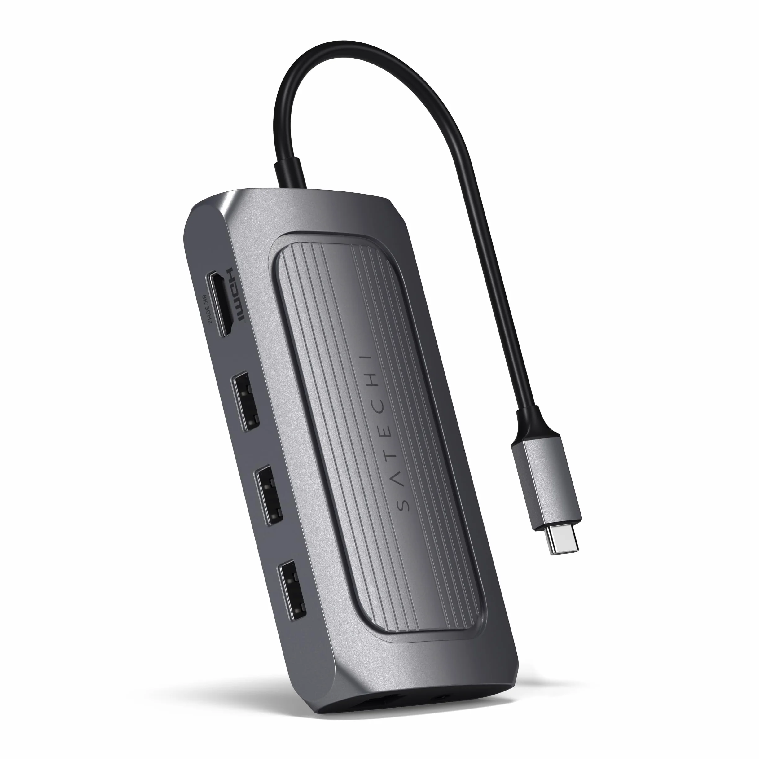 SATECHI hub wieloportowy USB-C 9 w 1, HDMI 8K, PD 100 W, szary | Gigabit Ethernet, audio 3,5 mm, czytniki SD/microSD UHS-I, do MacBooka, iPada i komputerów z Windows