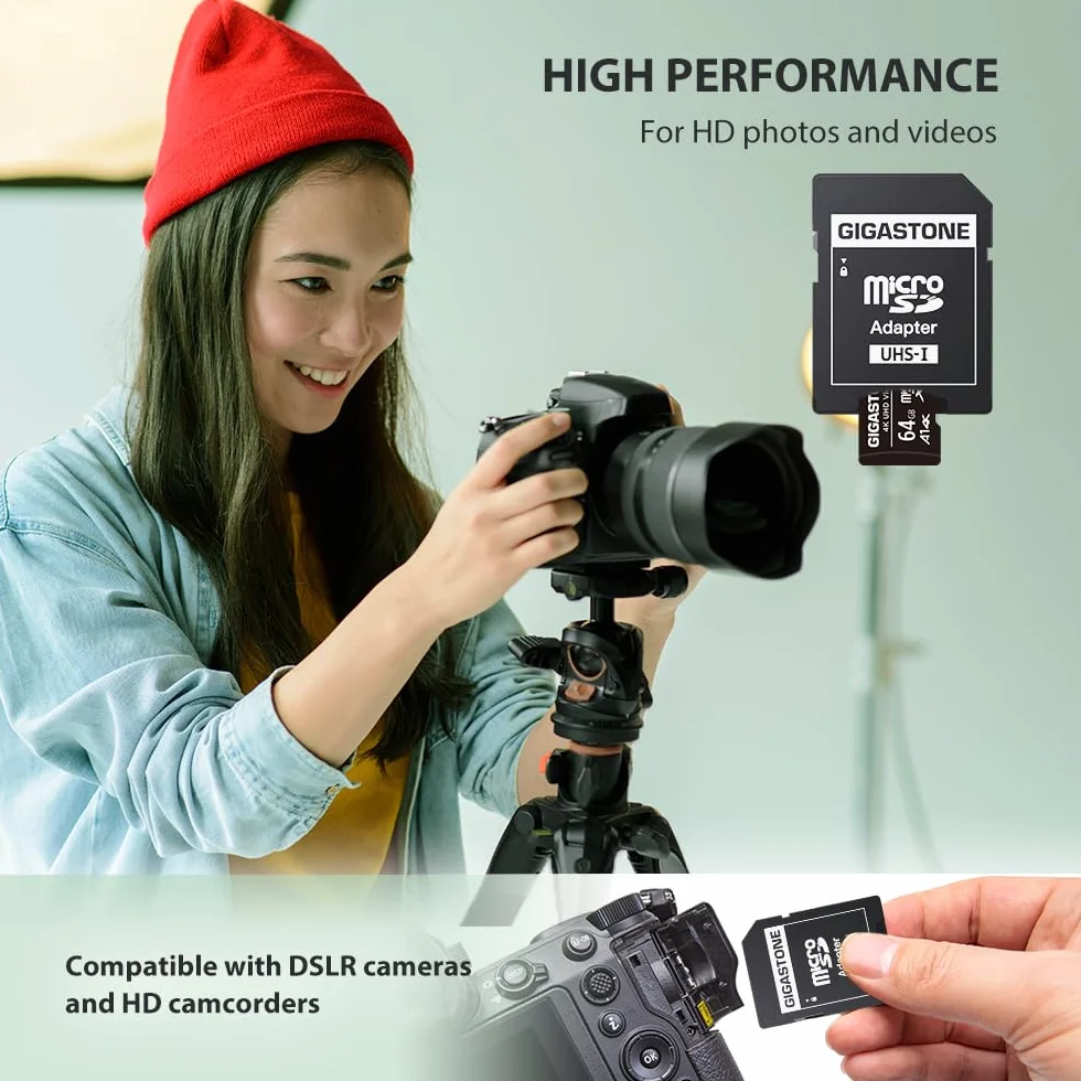 [Gigastone] 64GB Micro SD Card, 4K UHD Video, Surveillance Security Cam Action Camera Drone Professional, 90MB/s Micro SDXC UHS-I A1 Class 10, with Adapter