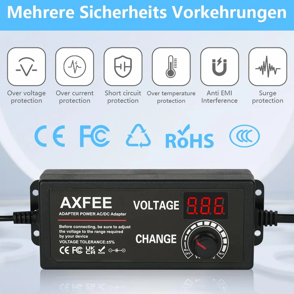 AXFEE Regulowany adapter sieciowy 3 A 72 W, zasilacz 3 V-24 V, uniwersalny 100 V-240 V AC na DC, 5,5 mm z 14 adapterami