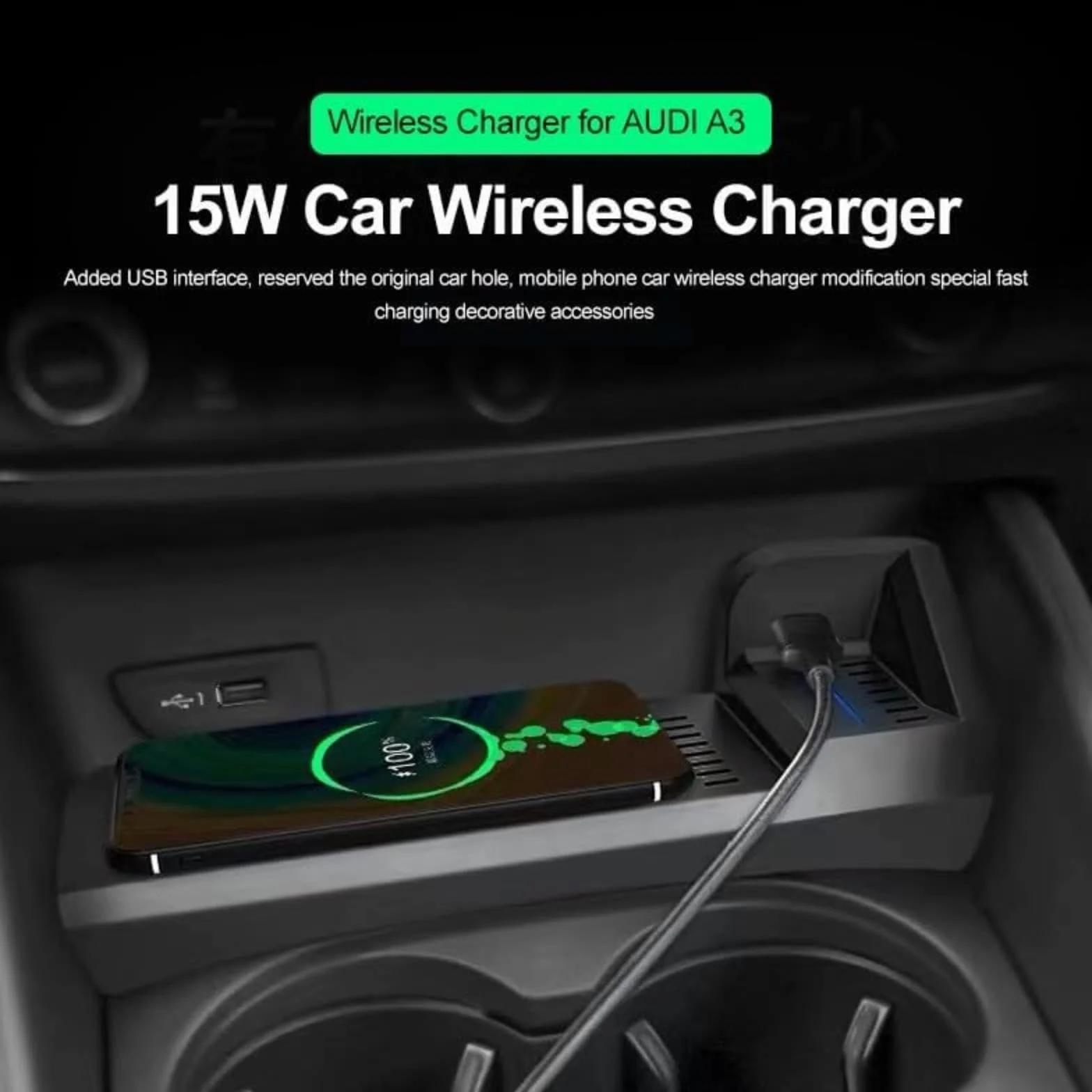 Car Wireless Charger, A3 8V S3 2014-2020 Zapalniczka mobilna Phone Fast Charging Zmodyfikowane Accessories Plate Posiadacz panelu Bezprzewodowa ładowarka samochodowa do telefonu