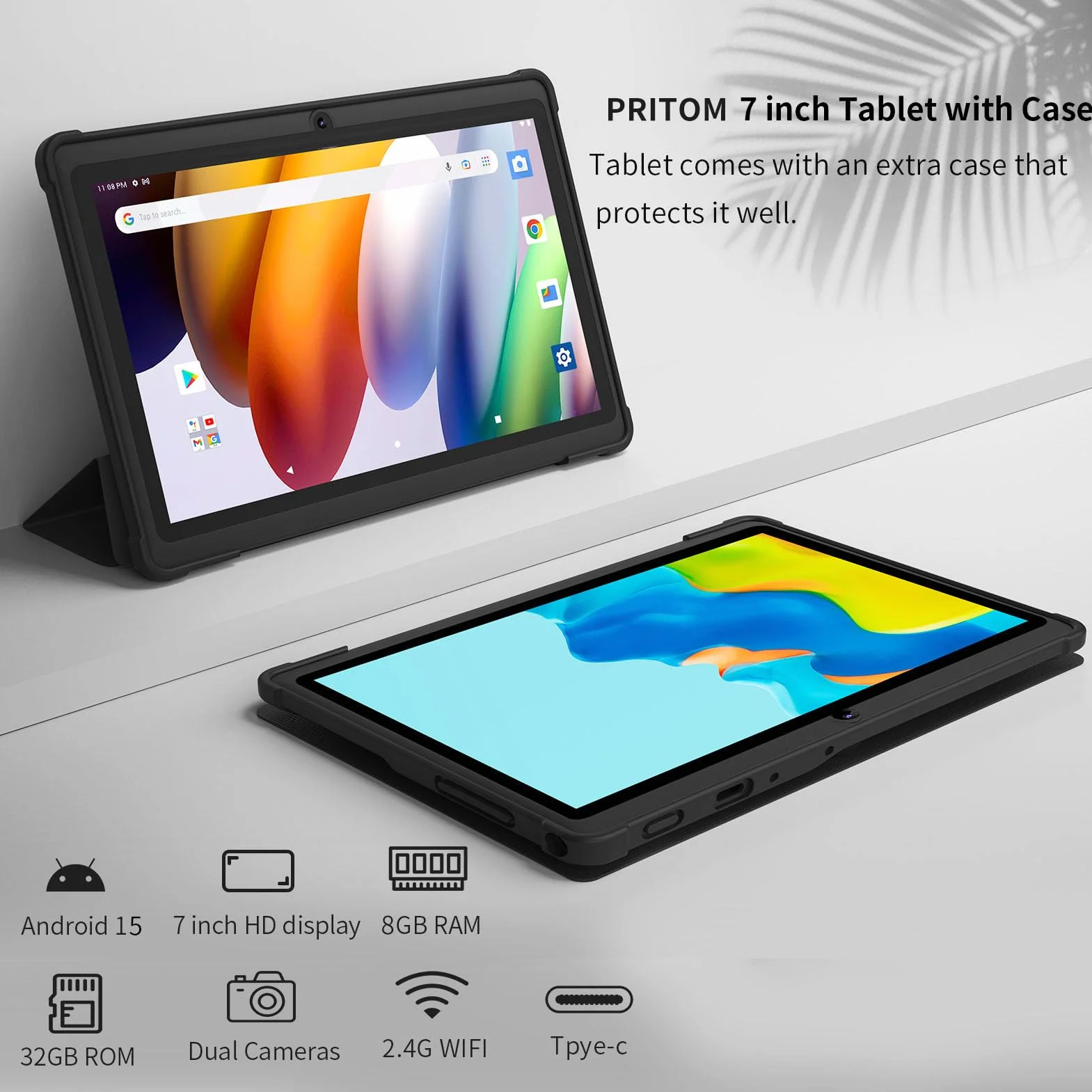 PRITOM 7-calowy tablet z systemem Android 15,8 GB RAM, 32 GB, (rozszerzalny 512 GB), 3500 mAh, tablet PC, Bluetooth, Dual Camera, WiFi, przenośny tablet PC z czarnym etui