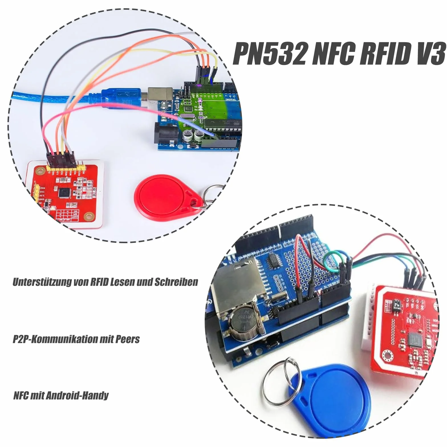 GERUI Zestaw 2 PN532 NFC RFID V3 I2C SPI HSU, zestaw komunikacyjny I2C Near Area Communication with S50 White Card, karta kluczowa kompatybilna z Arduino