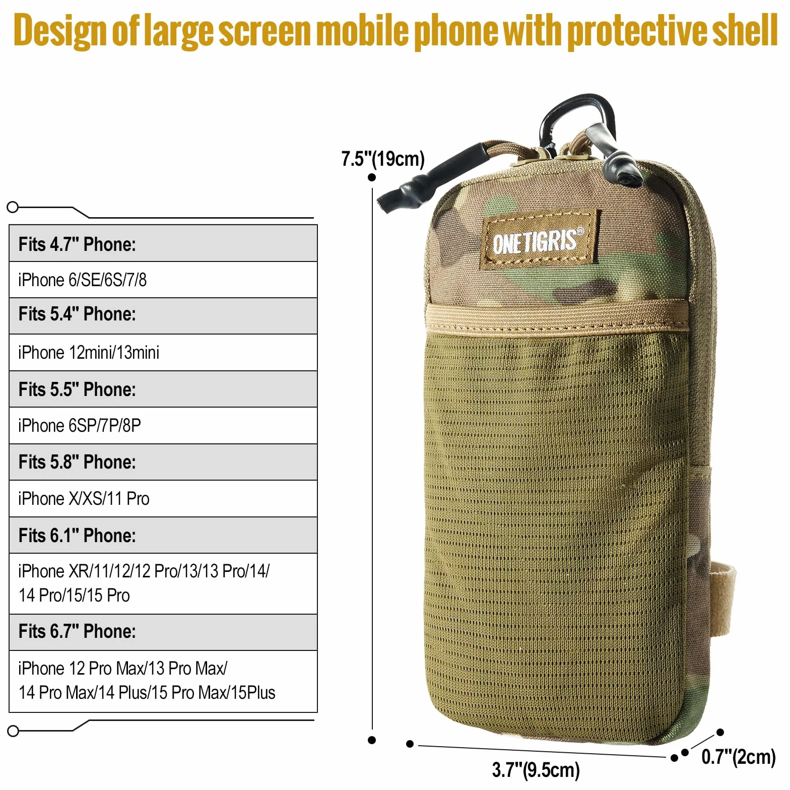OneTigris Taktyczne etui na telefon komórkowy EDC Pouch Molle małe z karabińczykami 4,7"-6,7" do iPhone 16 15 14 13 12 Pro Max 7 8 Plus Samsung
