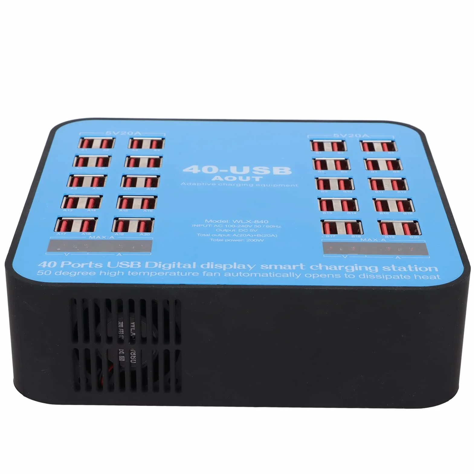 Wieloportowa Stacja ładująca USB, Koncentrator ładujący WLX‑840 z 40 Portami i Cyfrowym Wyświetlaczem LCD, Wieloportowa ładowarka 200 W do Tabletu z Telefonem Komórkowym(Wtyczka UE)