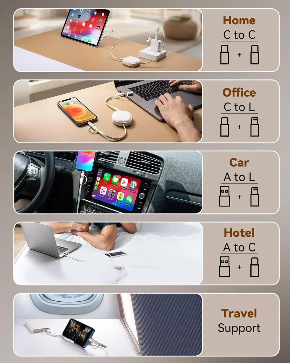 Minlu Kabel do ładowania Multi 65 W, zwijany kabel do ładowania 5 w 1, szybkie ładowanie, kabel do ładowania Multi USB z transferem danych, USB C na USB C [65 W] + Lightning [27 W] do iPada, Samsunga | Multi kabel do ładowania z transferem danych, USB C n