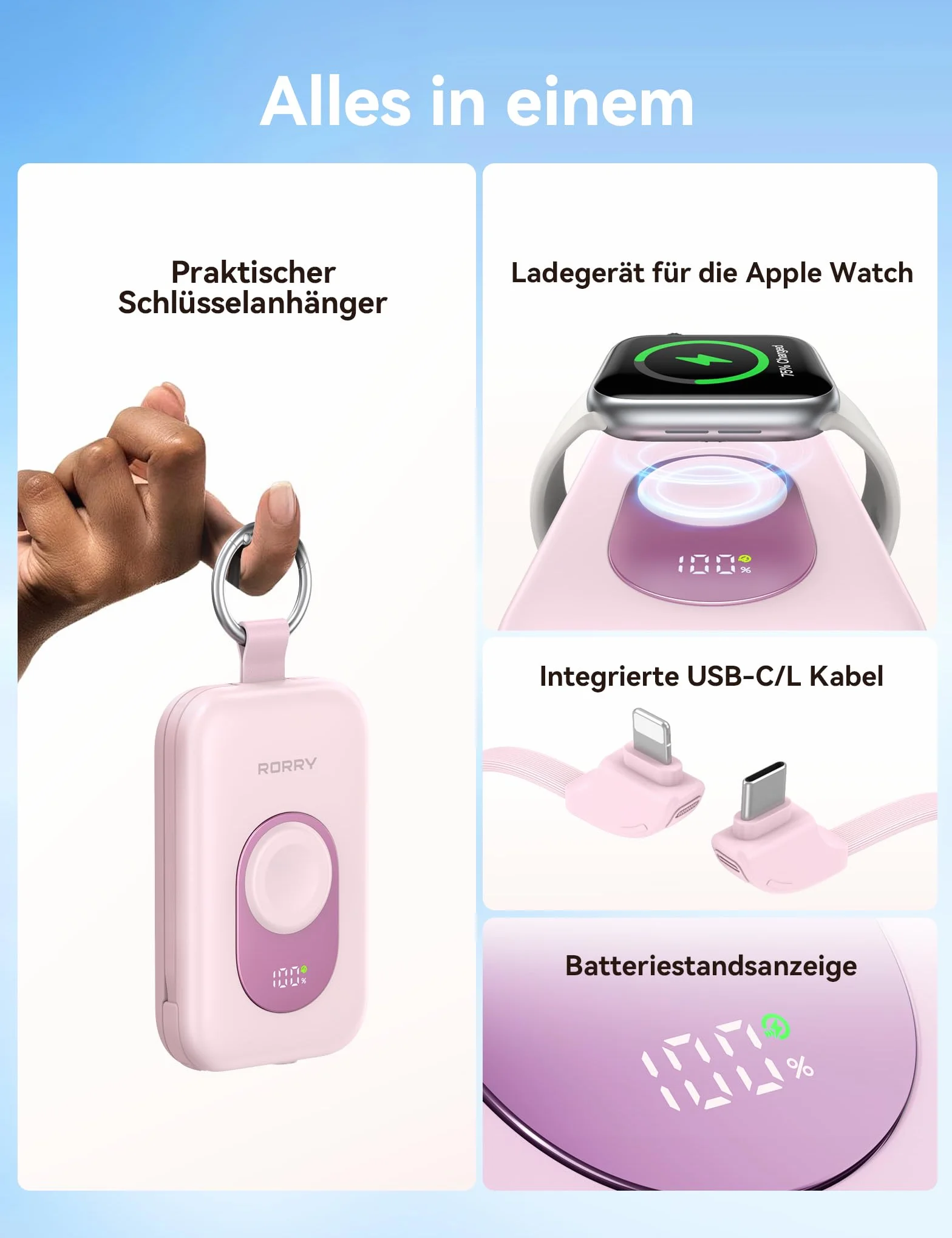 RORRY Powerbank, Power Bank 20 000 mAh, 30 W PD, szybkie ładowanie, przenośna ładowarka z 2 wbudowanymi kablami, zewnętrzna bateria do telefonu komórkowego z brelokiem do kluczy, niezbędna podróż do