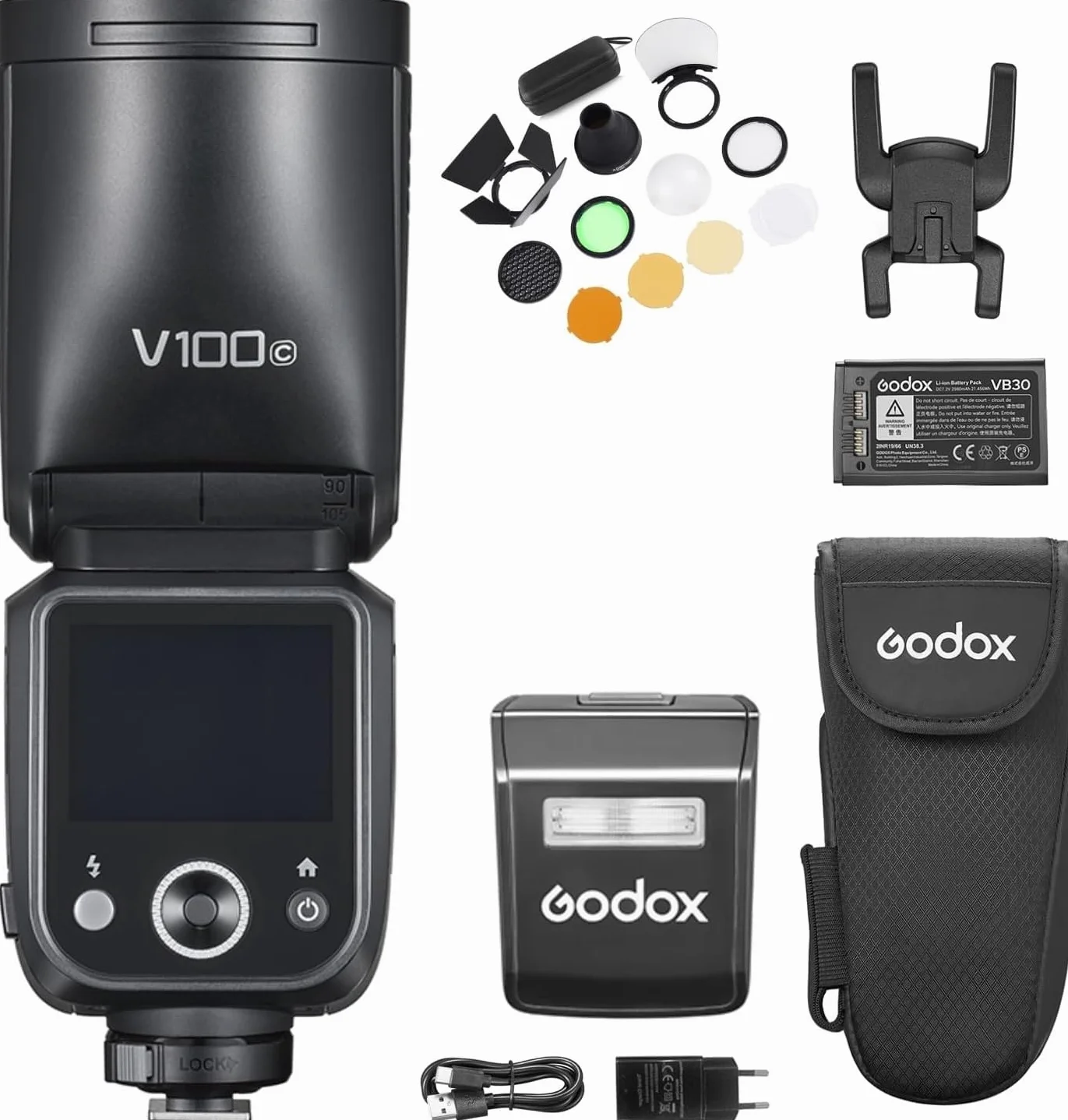 Godox V100C TTL lampy błyskowe do aparatów fotograficznych+AK-R1 Kit, HSS 1/8000 s, lampa błyskowa 100 W, wbudowana lampa sterująca LED i wyjmowana lampa pomocnicza kompatybilna z Canon EOS