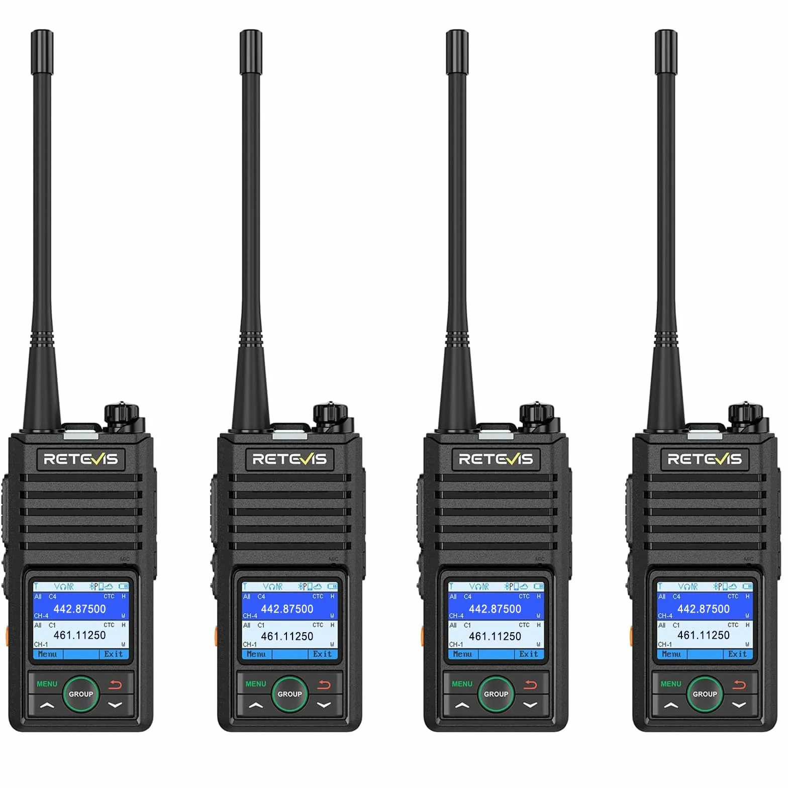 Retevis RB658 Walkie Talkie Bluetooth, Profesjonalne 2-Way Radio App Ustawienie, Połączenie Grupowe, 1800 mAh USB C, IP54, do Sprzedaży Detalicznej (4 Paczki, Czarny)