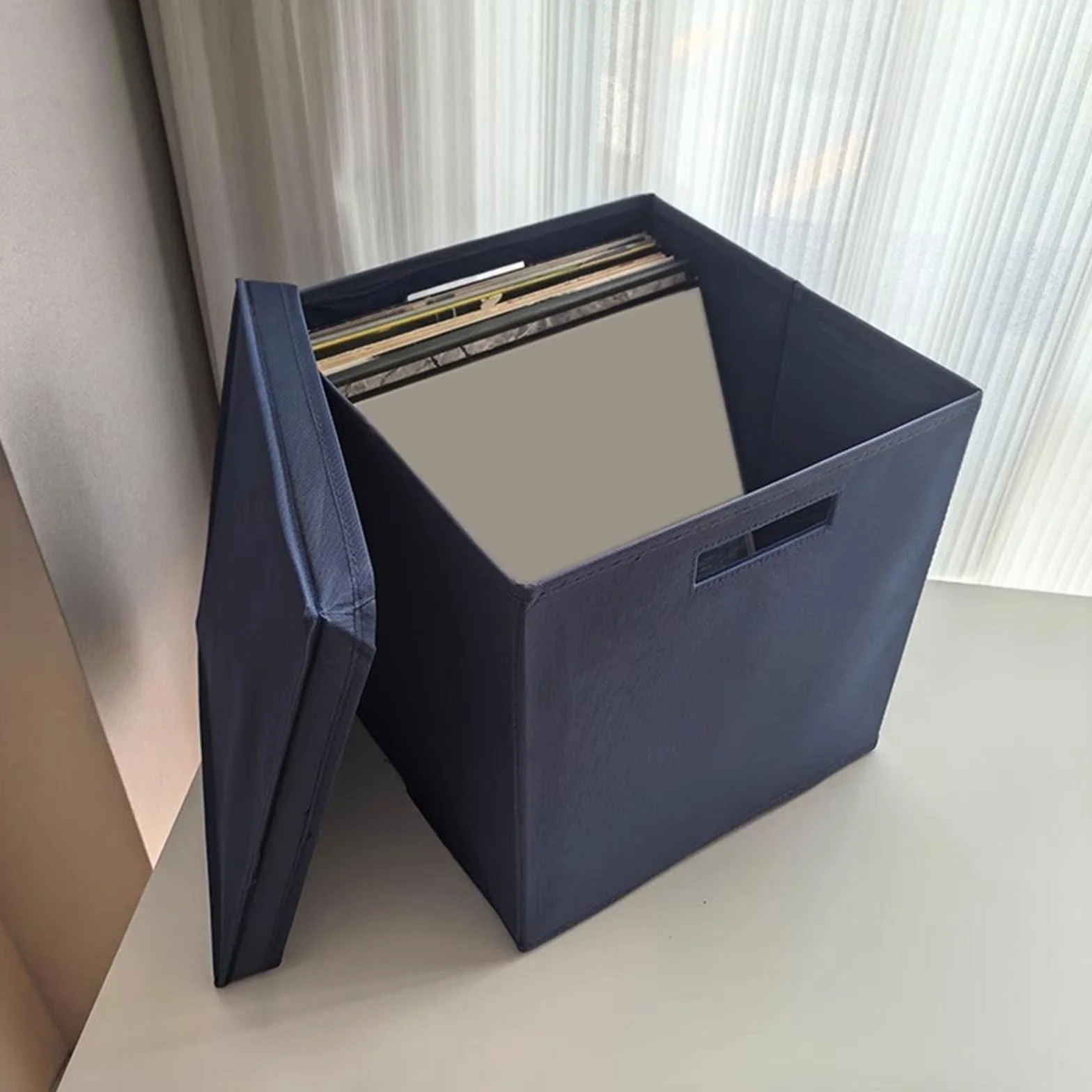 Składany pojemnik na płyty CD z tkaniny Oxford z pokrywką, do domu i biura, pudełko do przechowywania płyt CD, kartonu (niebieski)