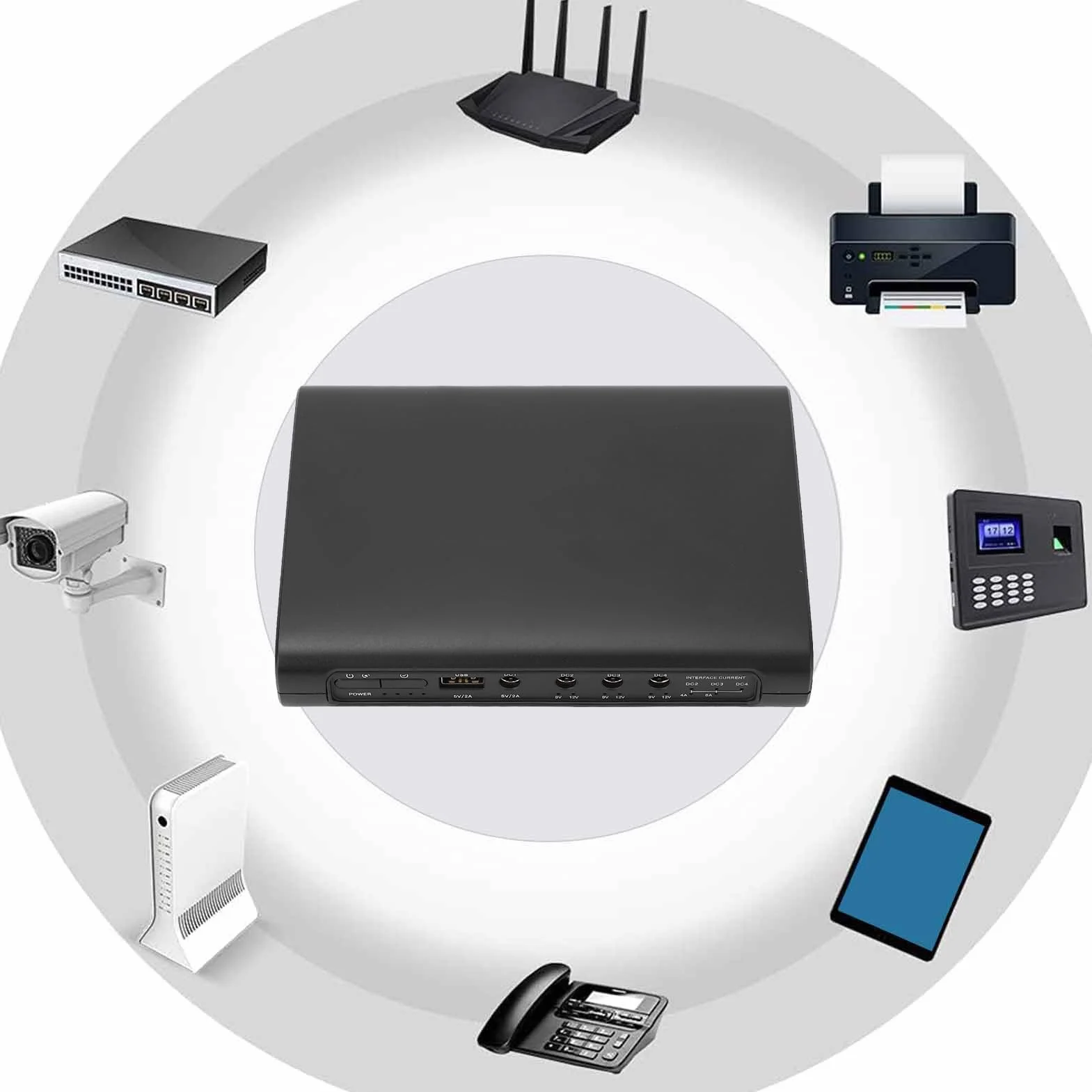 Zasilanie Akumulatorowe Mini UPS 25600 MAh, 5 Gniazdek 94,72 Wh 5 V 9 V 12 V, Zasilacz Awaryjny UPS, Kompaktowy Podstawowy System UPS w Trybie Gotowości dla Kamery Monitoringu z
