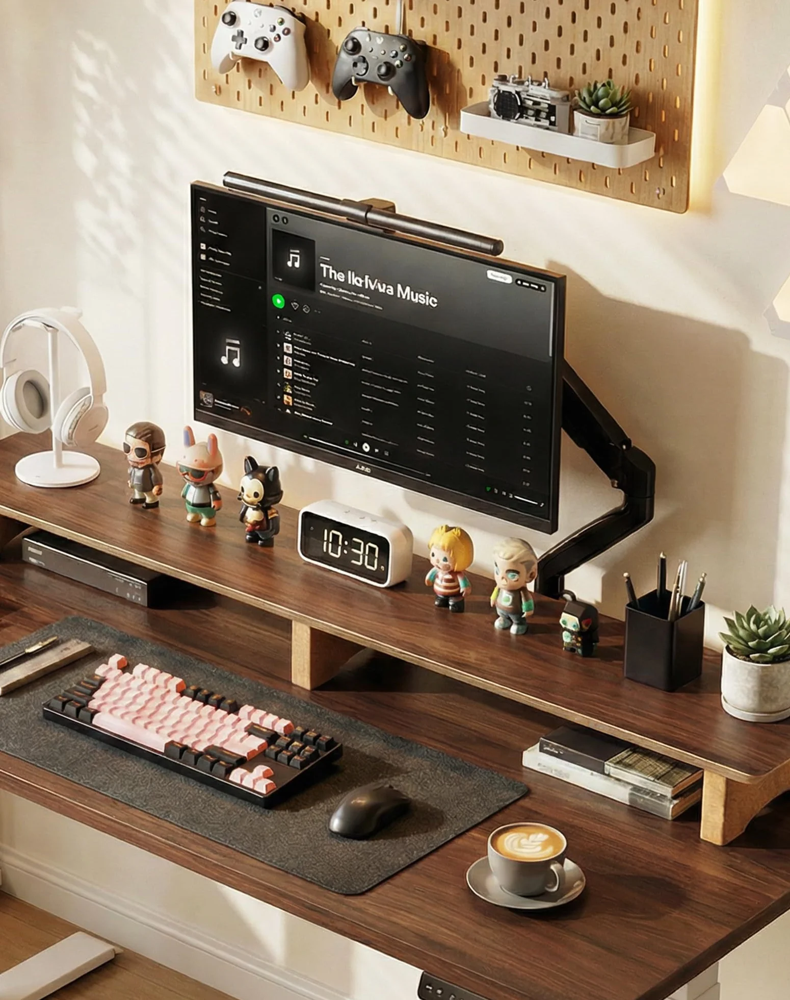 Aothia Duża podstawka pod monitor komputerowy, drewniana półka z ekologicznymi nóżkami korkowymi do ciężkich laptopów/komputerów/TV/PC, idealny organizer regałowy do biura/domu (orzech włoski, duża)