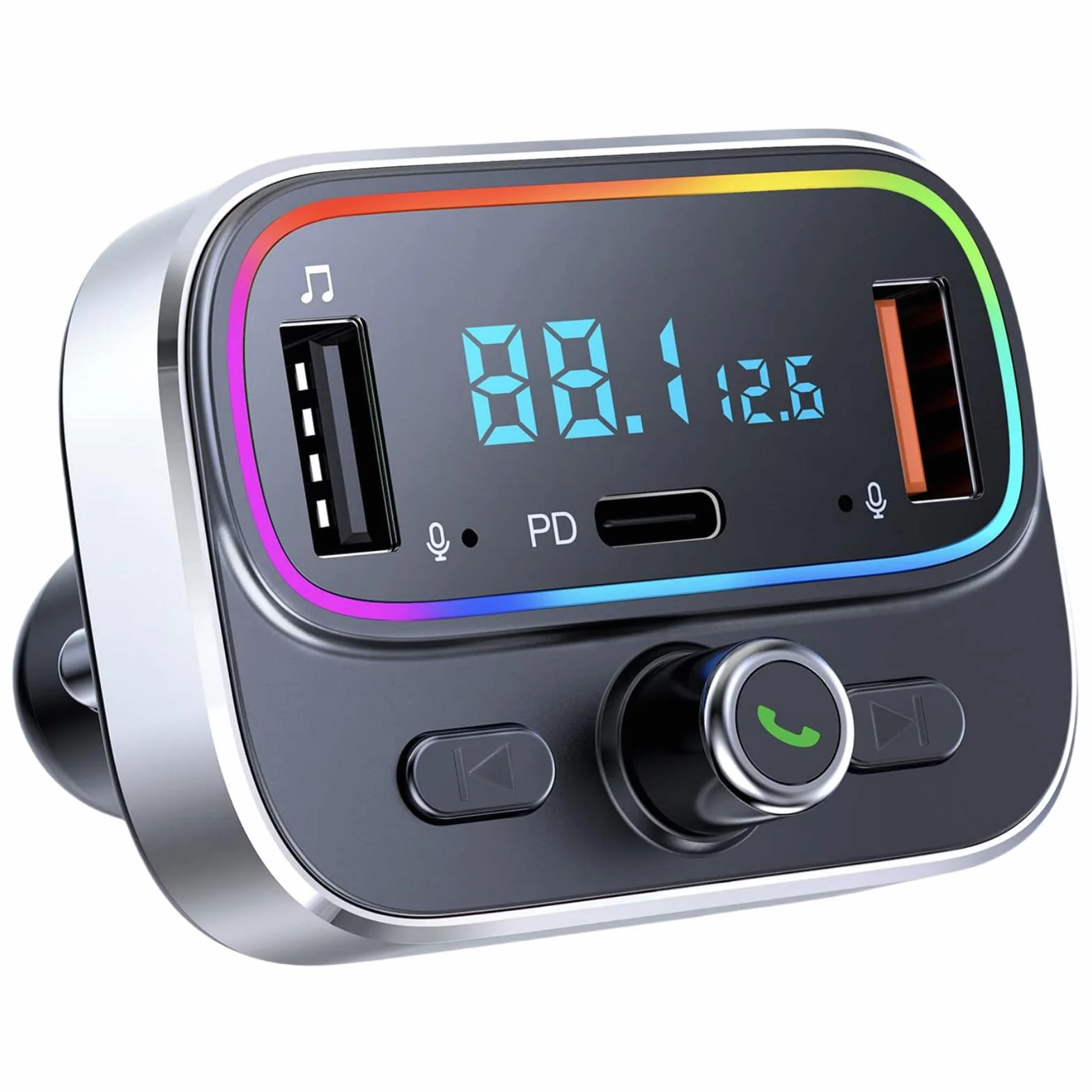 Nadajnik FM Bluetooth do samochodu, zestaw głośnomówiący, zestaw samochodowy Bluetooth, podwójny mikrofon, ładowarka USB, do wszystkich smartfonów, odtwarzacze audio, obsługuje kartę TF/SD dysk USB