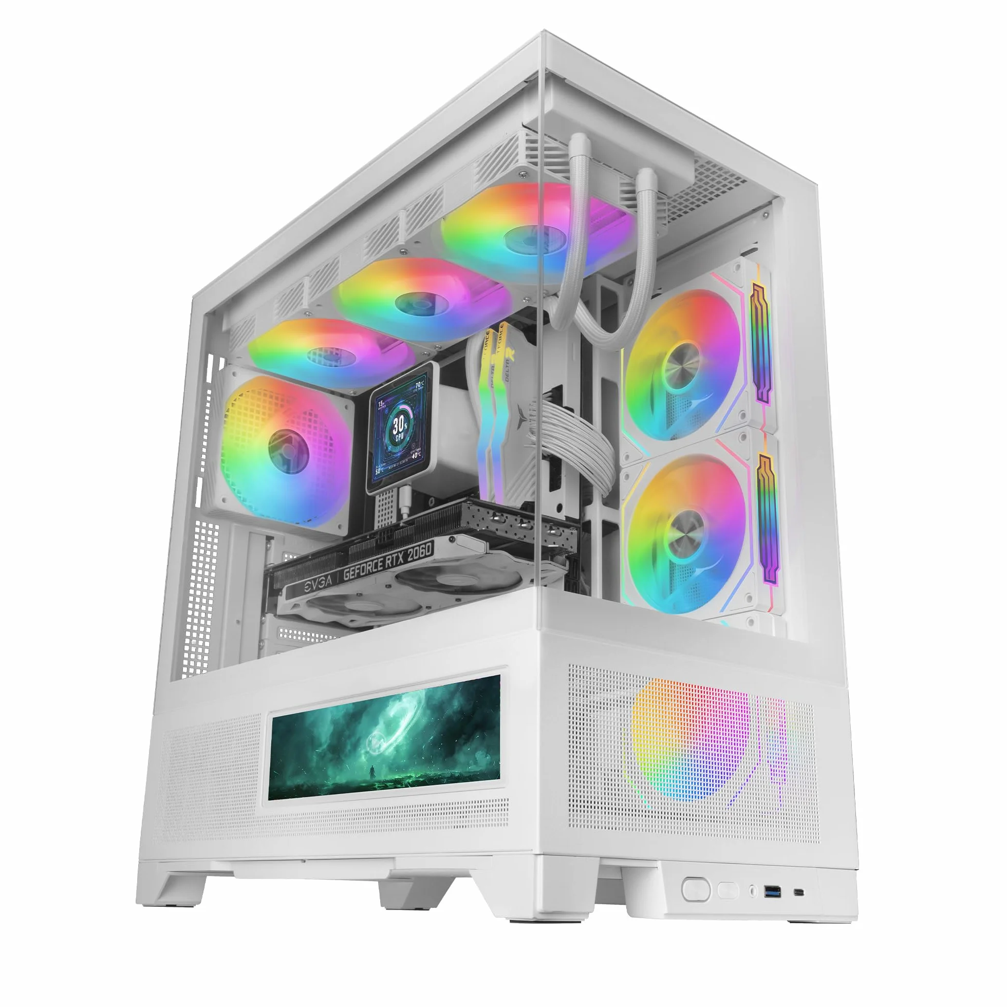 Mars Gaming MC-LCDX, Obudowa Gamingowa ATX, Zintegrowany Ekran IPS 9.16" i Złącze HDMI, Ciągłe Hartowane Szkło, Dolny Panel Full Mesh, Podwójna Komora, Wsparcie Chłodzenia Wodnego do 360mm, Biała