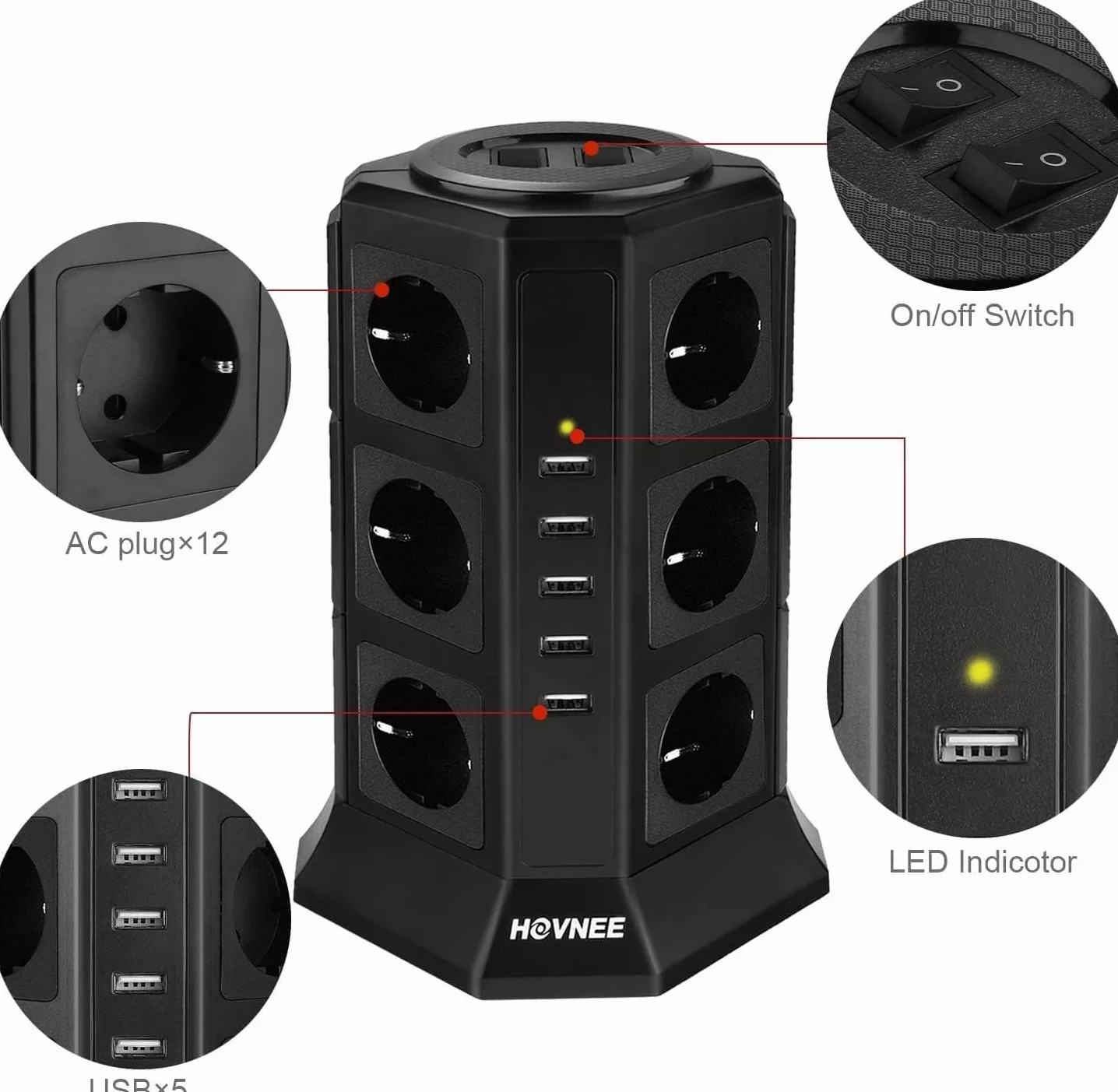 HOVNEE wielogniazdowa listwa zasilająca, 12 gniazd 2500 W/10 A z 5 portami ładowania USB i kablem 5 V/4,5 A o długości 2,0 m, ochroną przed przepięciem i zwarciem, czarna