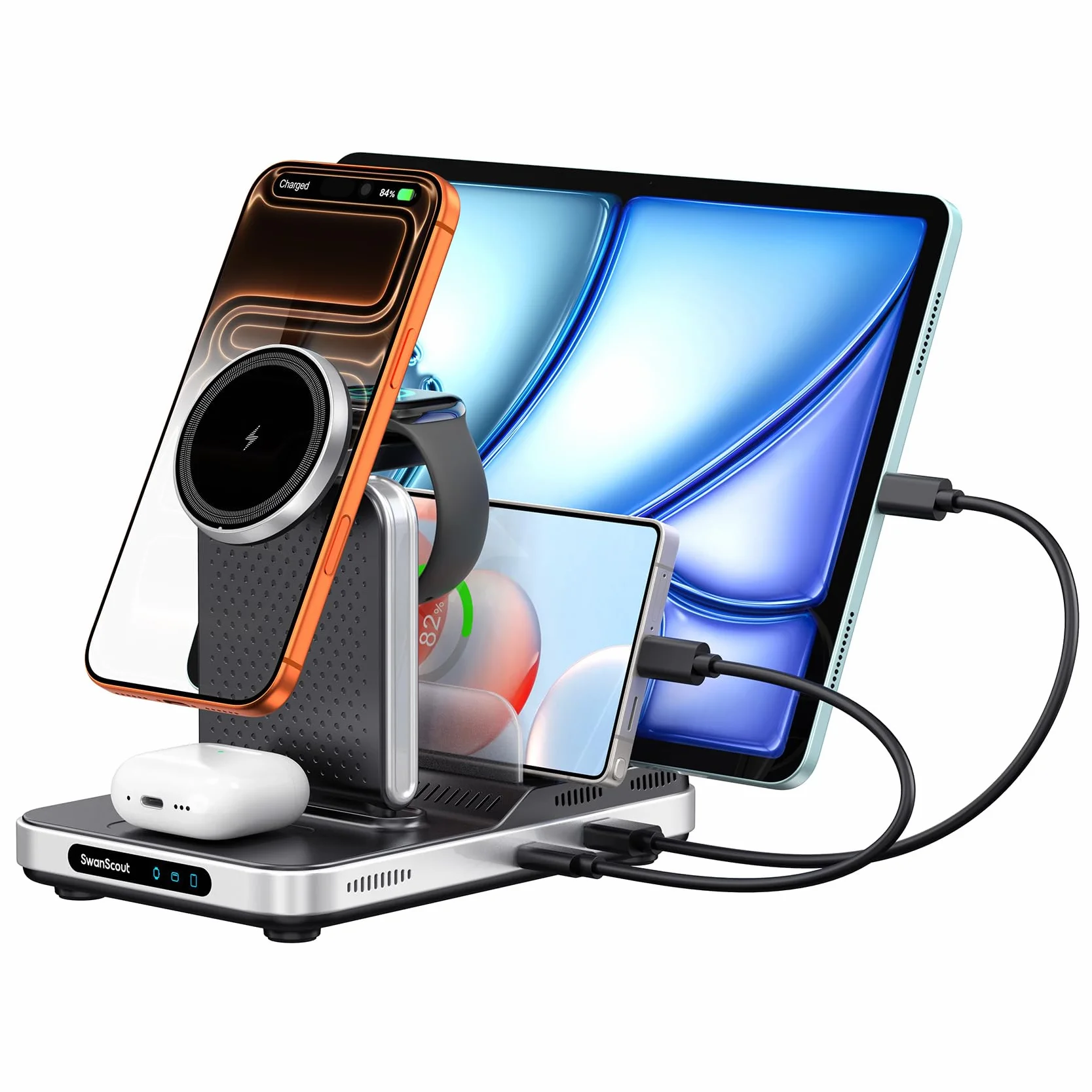 SwanScout Bezprzewodowa Ładowarka dla iPhone, Stacja 5 w 1 do Ładowania dl a iPhone 17/16/15, Składana Stojak do Ładowania dla Apple Watch Ultra 2/10, dl a AirPods/iPad/Tablet/Switch, SwanScout 901M