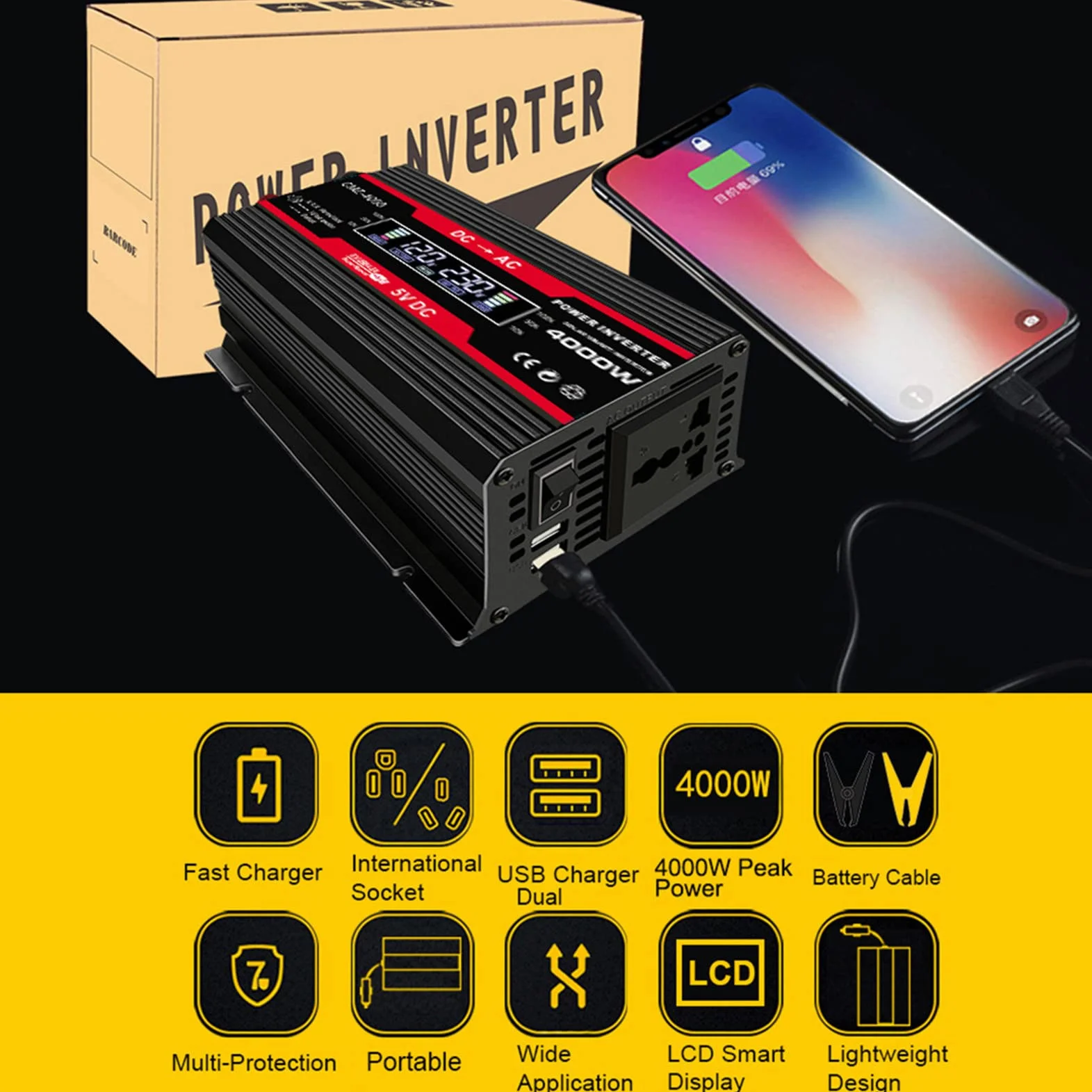 Przetwornice Mocy 300 W, Przetwornica Napięcia Samochodowego 12 V do 110 V 220 V AC Konwerter z 2 Falownikami USB i Zapalniczką Samochodową do Ciężarówki,Black-110V