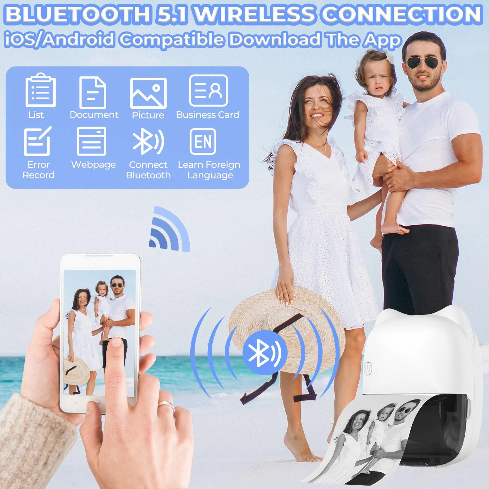 Mini drukarka 3D do smartfona, bezprzewodowa drukarka fotograficzna Bluetooth, kompatybilna z systemem Android i iOS, 14 rolek papieru do notatek, dzienników, listy