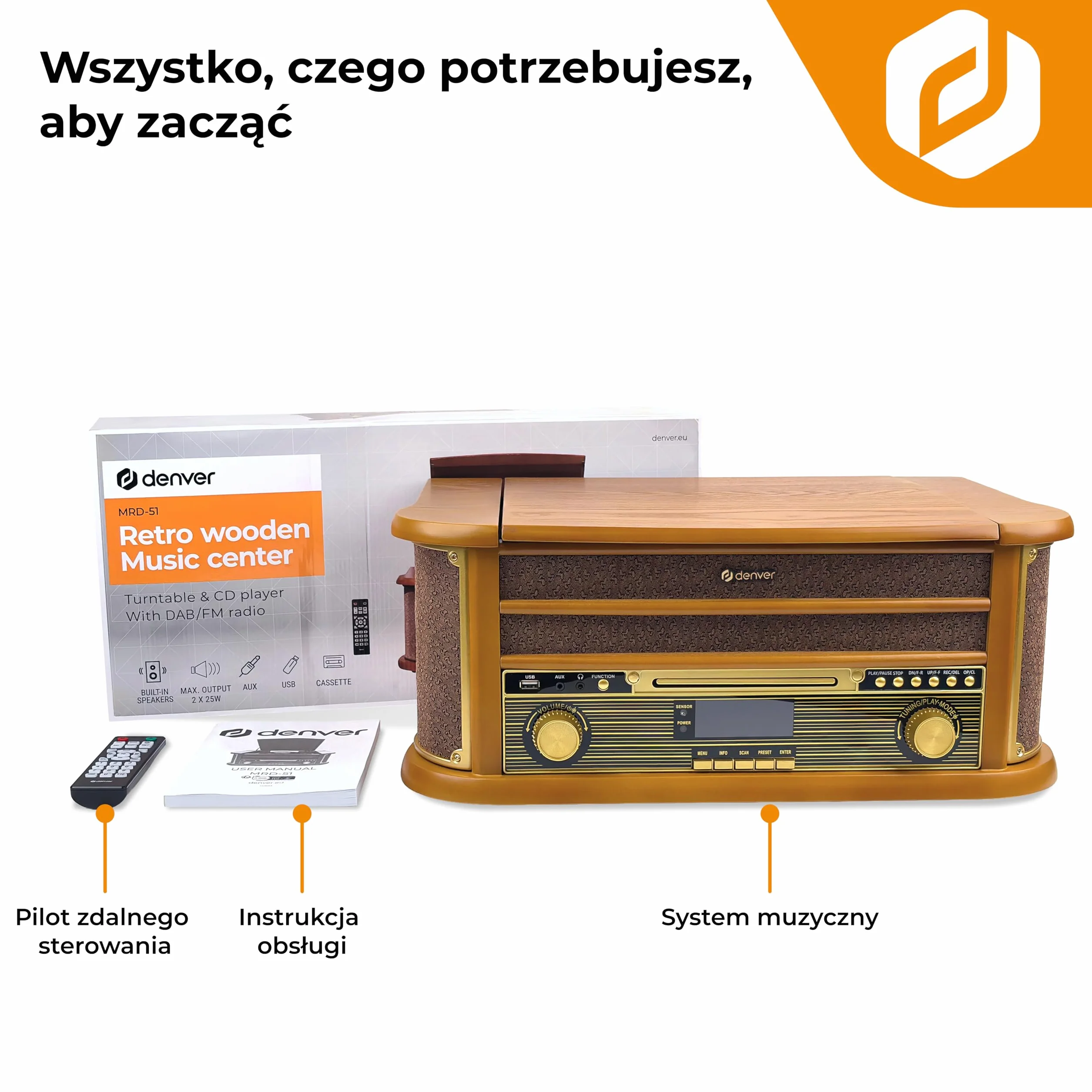 Denver MRD-51 DAB+, radio FM/AM z odtwarzaczem CD, kasetowym i gramofonem, wygląd drewna