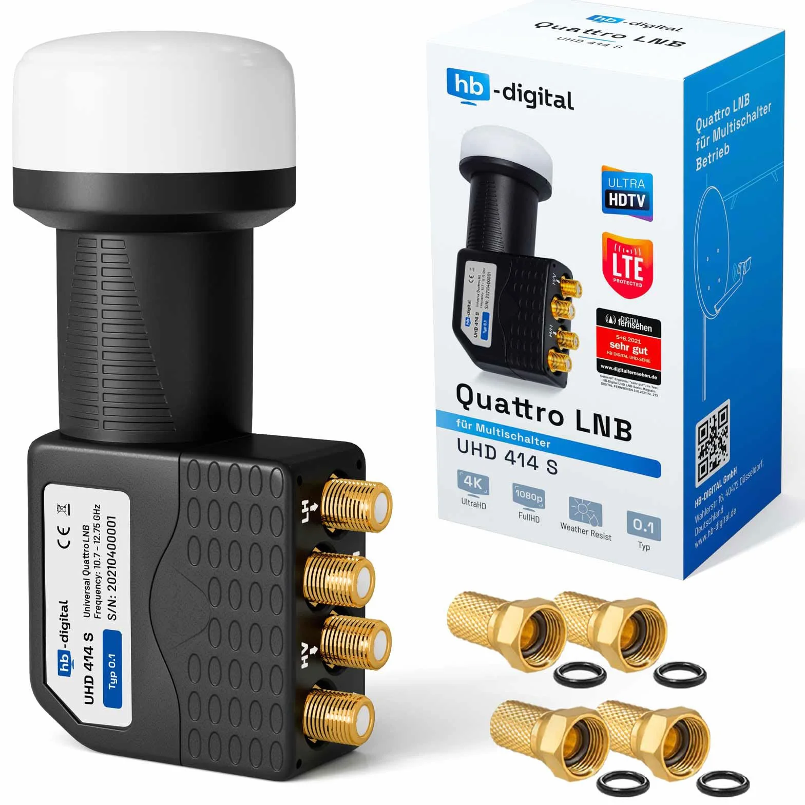 hb-digital Quattro LNB zastosowanie tylko do multiprzełącznika (test BARDZO DOBRY *) do multiprzełącznika Multiswitch LTE Protected Digital Sat Full HDTV 3D 4K UHD ochrona przed warunkami atmosferycznymi czarny + 4 x wtyk F
