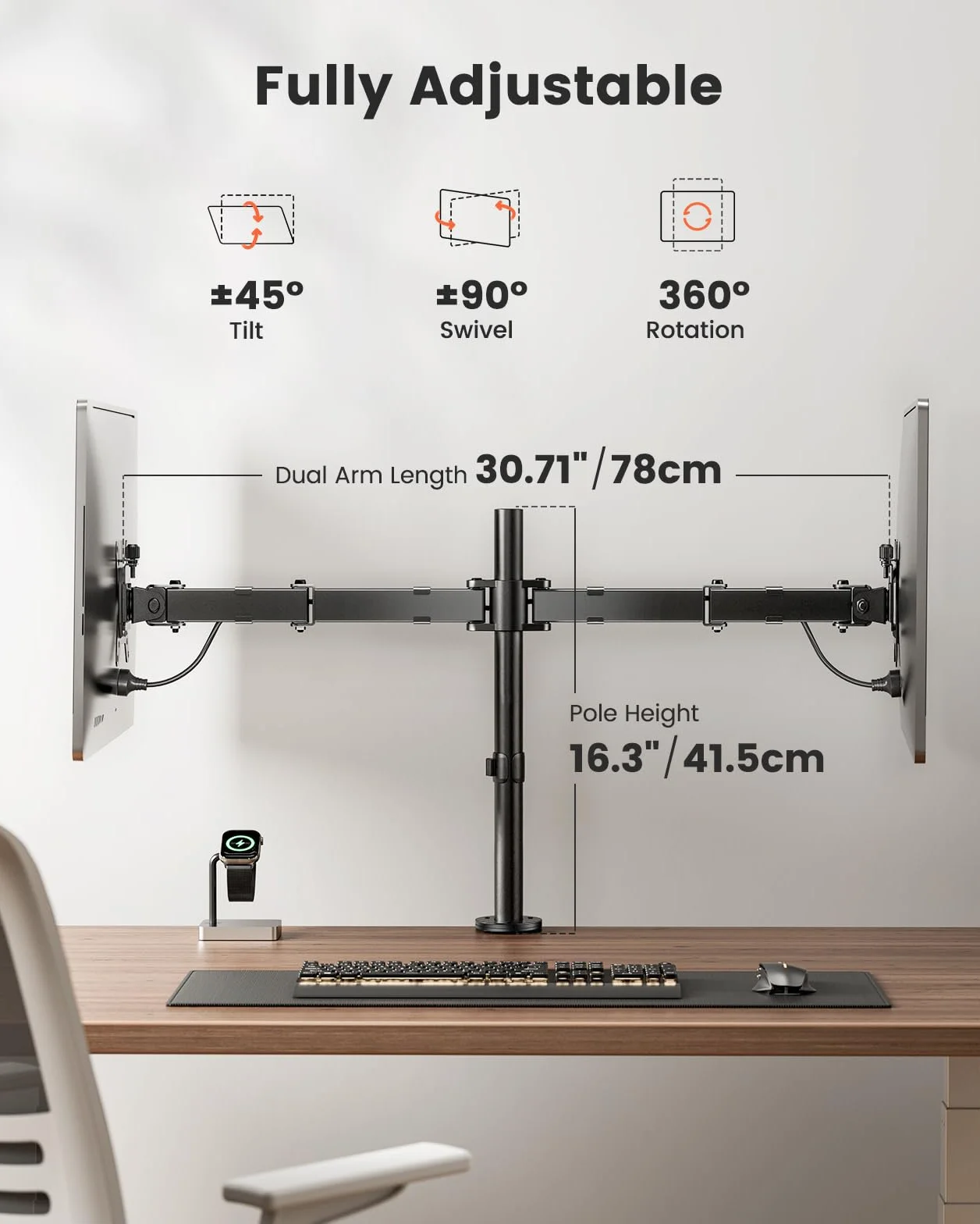 ErGear Podwójny stojak na monitor do ekranów o przekątnej ekranu od 13 do 32 cali, ergonomiczny kąt widzenia, regulowany kąt widzenia ± 45°, obrót o 180°, obrót o 360°, VESA 75/100 mm