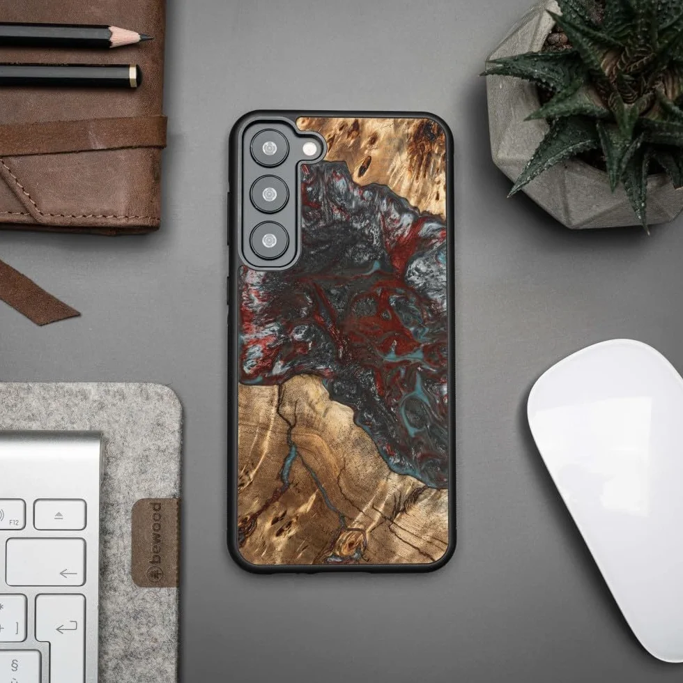 Unikalne etui kompatybilne z Samsung Galaxy S23 Plus, ręcznie wykonane z naturalnego drewna i żywicy, wzór planet pluton, odporne na uderzenia, kompatybilne z MagSafe