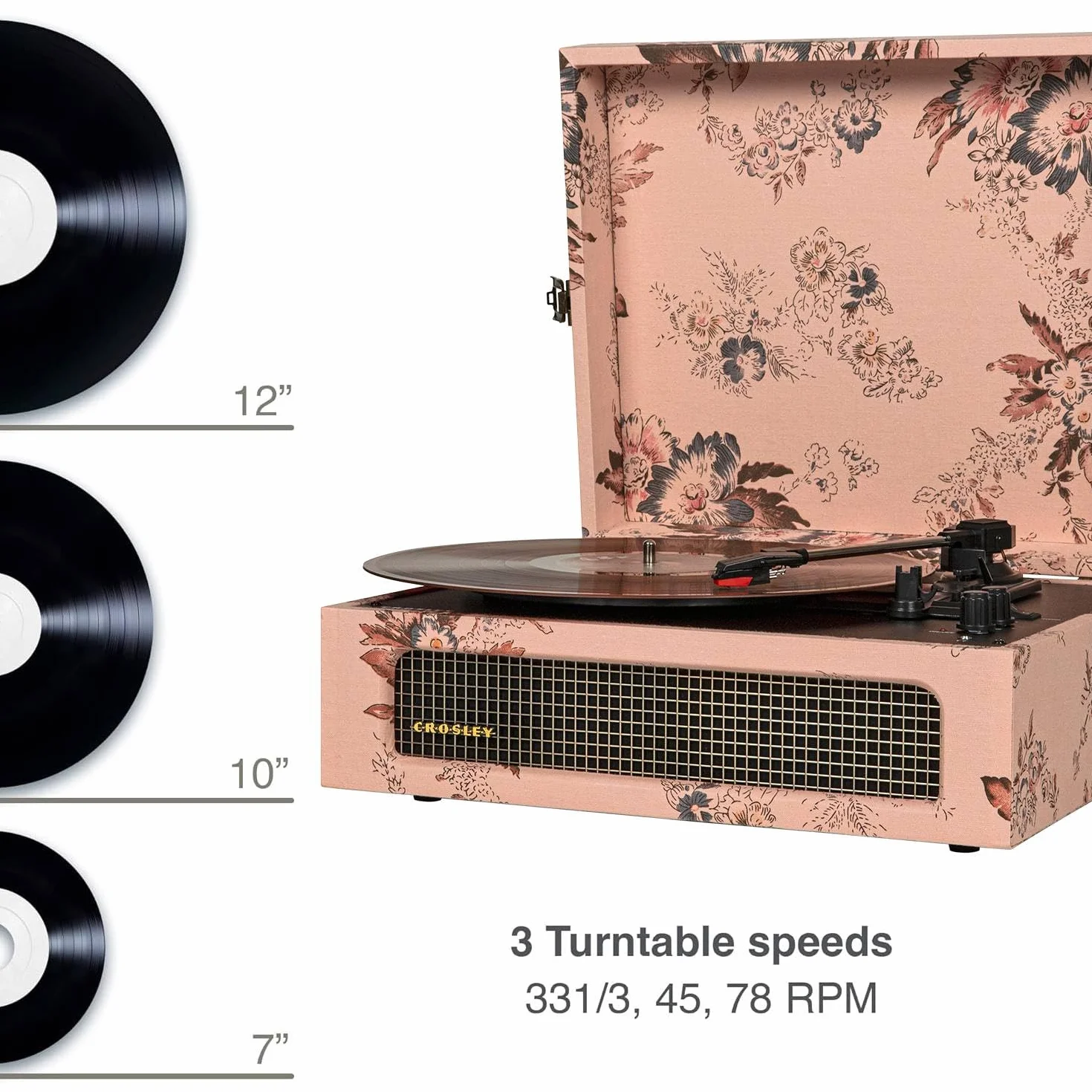 Crosley Voyager gramofon z 2 głośnikami, Bluetooth In&Out i AUX - 3-biegowy odtwarzacz Vintage - do płyt winylowych o przekątnej 7", 10" i 12", przenośny z wbudowaną obudową (kwiatowy)