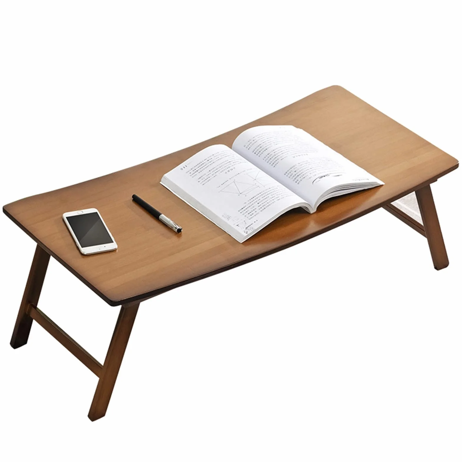 Składane biurko, książka na łóżku, notebook, fotel, proste przybory do pisania, sypialnia, akademik
