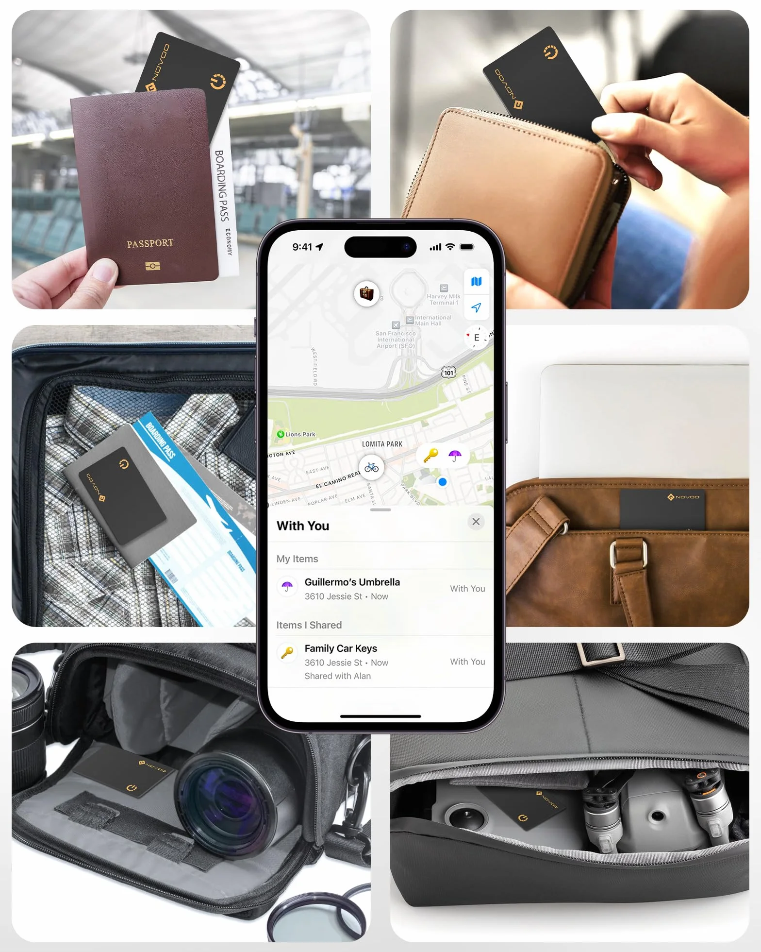 NOVOO Lokalizacja przedmiotów Air Tag 1,6 mm, smukły 6 lat, kompatybilny z aplikacją (tylko iOS), Bluetooth Tracker do portfela, etykiety bagażowej, paszport-BK