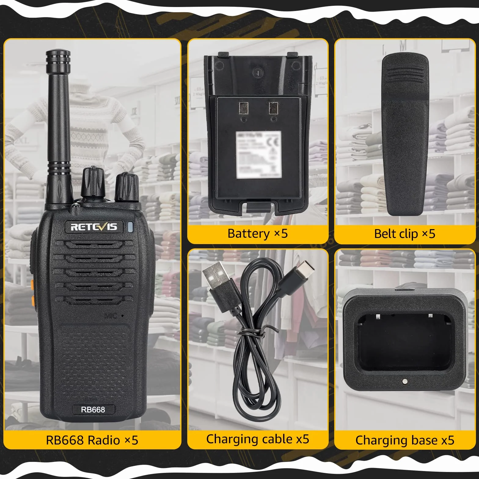 Retevis RB668 Walkie Talkie, Profesjonalne Krótkofalówka Akumulatorem 1200 mAh, Alarm Awaryjny PMR446, Blokada Szumów Latarki LED, Walkie-Talkie bez Użycia Rąk dla Dorosłych (Czarny, 5 Szt.)