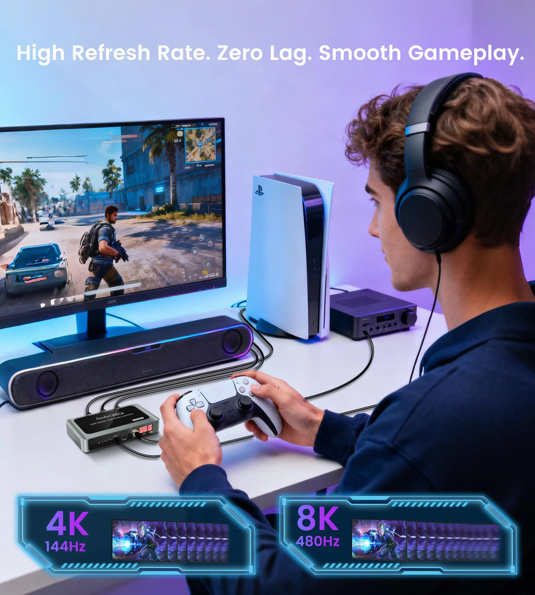 Ekstraktor audio HDMI 8K 60 Hz rozdzielacz 1 w 2 wyjścia z wyjściem audio, HDMI do 2X HDMI + Toslink SPDIF + współosiowy + 3,5 mm, obsługuje Dobly Atmos 7.1, DTS, HDCP 2.3, Down Scaler, idealny do TV