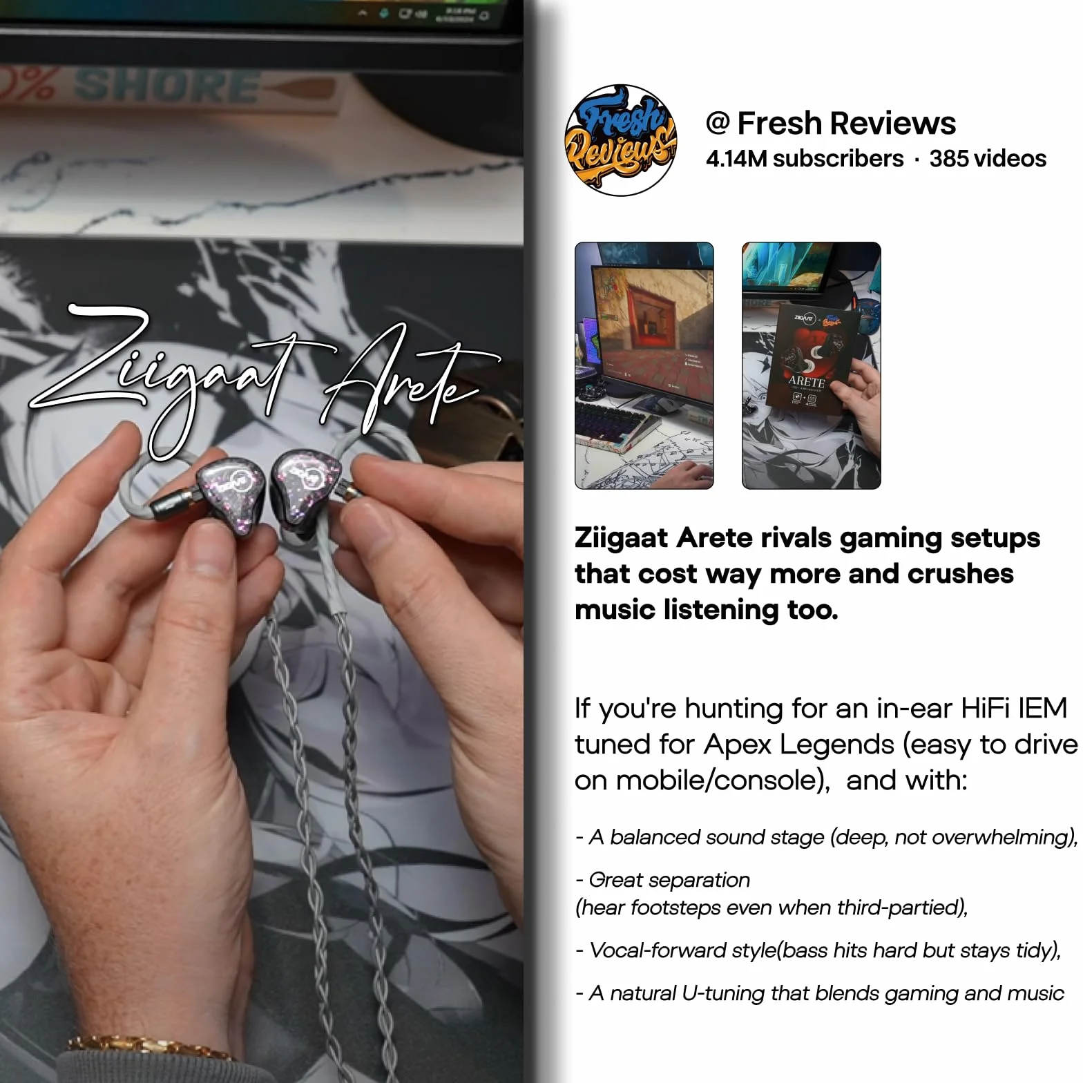 Linsoul ZiiGaat x Fresh Reviews Arete słuchawki douszne, 1DD+4BA hybrydowe słuchawki IEM, przewodowe słuchawki do gier, monitor studyjny, z odpinanym kablem IEM dla muzyka audiofila (czarne)
