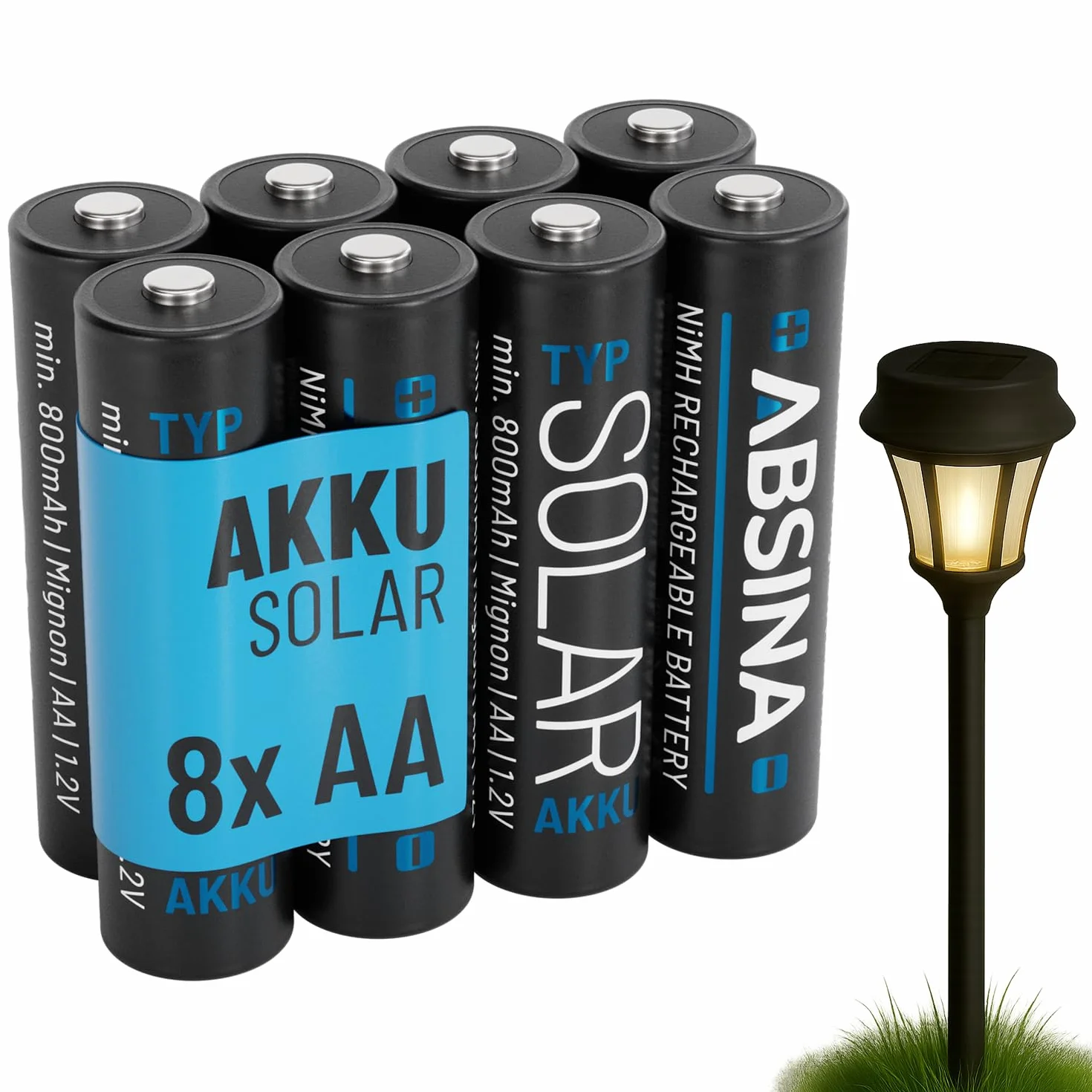 ABSINA 8 x bateria solarna AA do ponownego ładowania 800 mAh 1,2 V NiMH – baterie solarne AA do lamp solarnych – akumulatory solarne AA z niskim samorozładowaniem