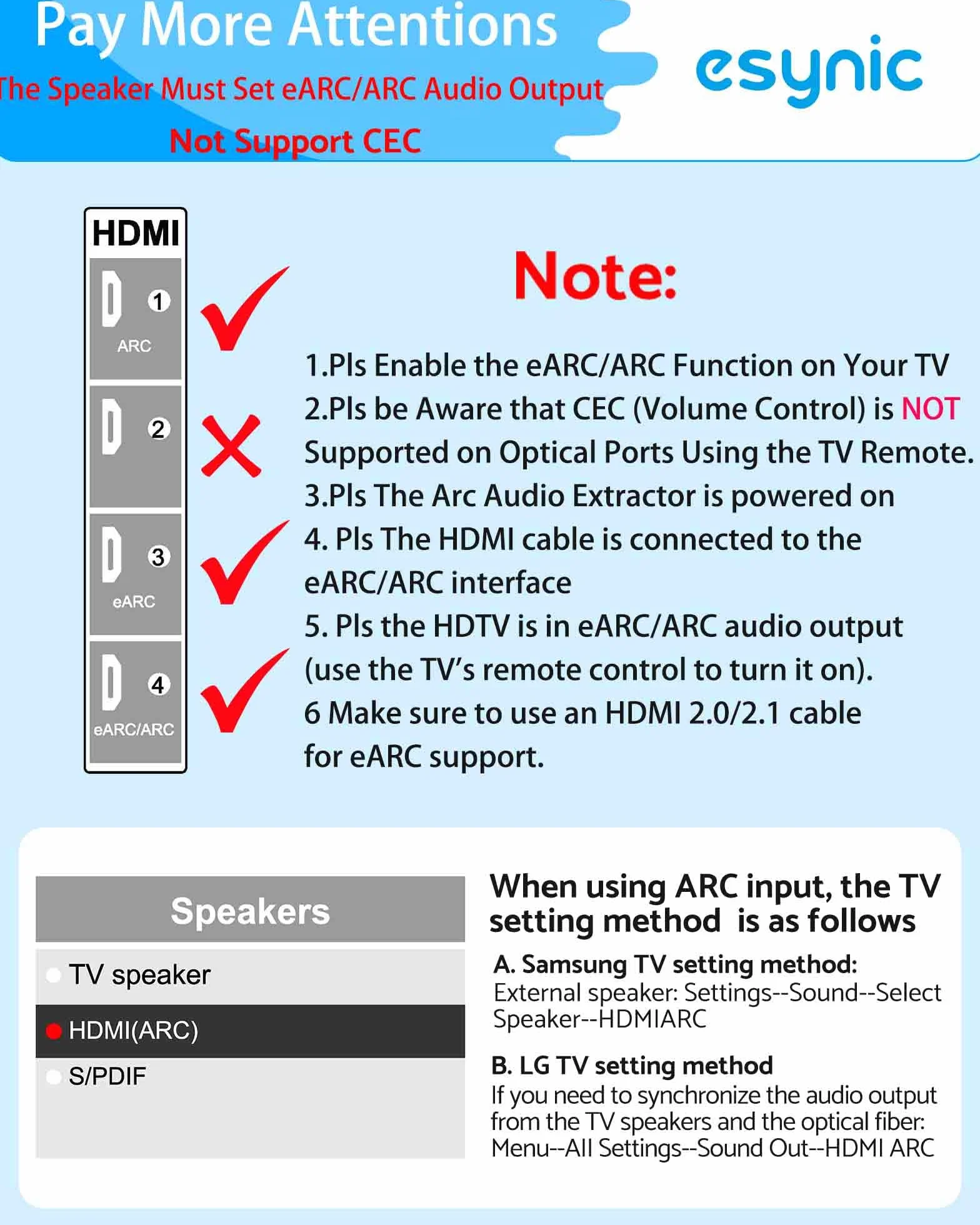 eSynic Profesjonalny ekstraktor audio 192 kHz eARC ARC HDMI do optycznego ekstraktora audio z HDMI i kablem optycznym obsługuje format audio 5.0 i 2.0 do HDTV do soundbara (należy podłączyć telewizor