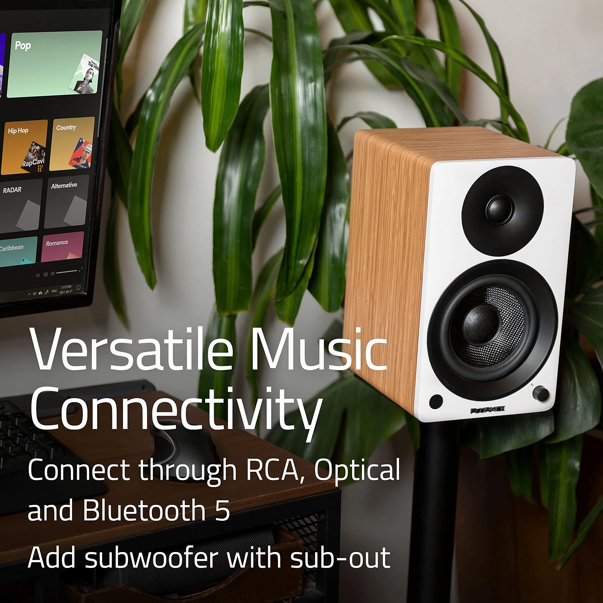Fluance Ai41 aktywne 2-drożne głośniki stereo 2.0 półkowe z 5" przetwornikami, wzmacniaczem 90 W do gramofonu, TV, PC i Bluetooth 5, RCA, optyczne, Sub-Out – Naturalny orzech