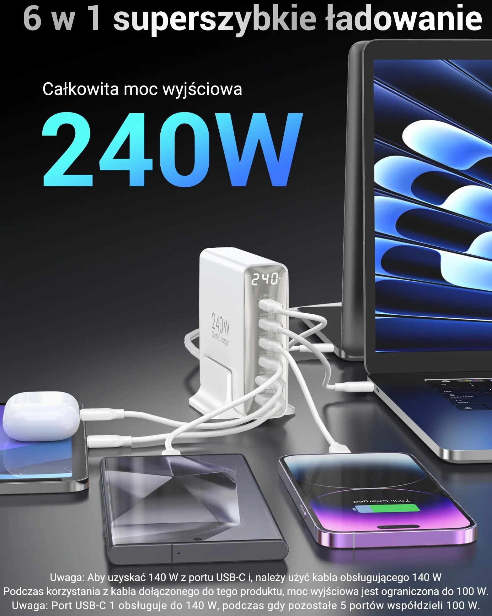 Ładowarka USB C 240W, 6 portów, Ładowarka PD3.1 GaN z wyświetlaczem LED, Stacja Szybkiego Ładowania na Biurko do MacBook Pro/Air, do iPhone Pro/iPad Pro/Dell XPS/Galaxy/laptopów i innych, Biały