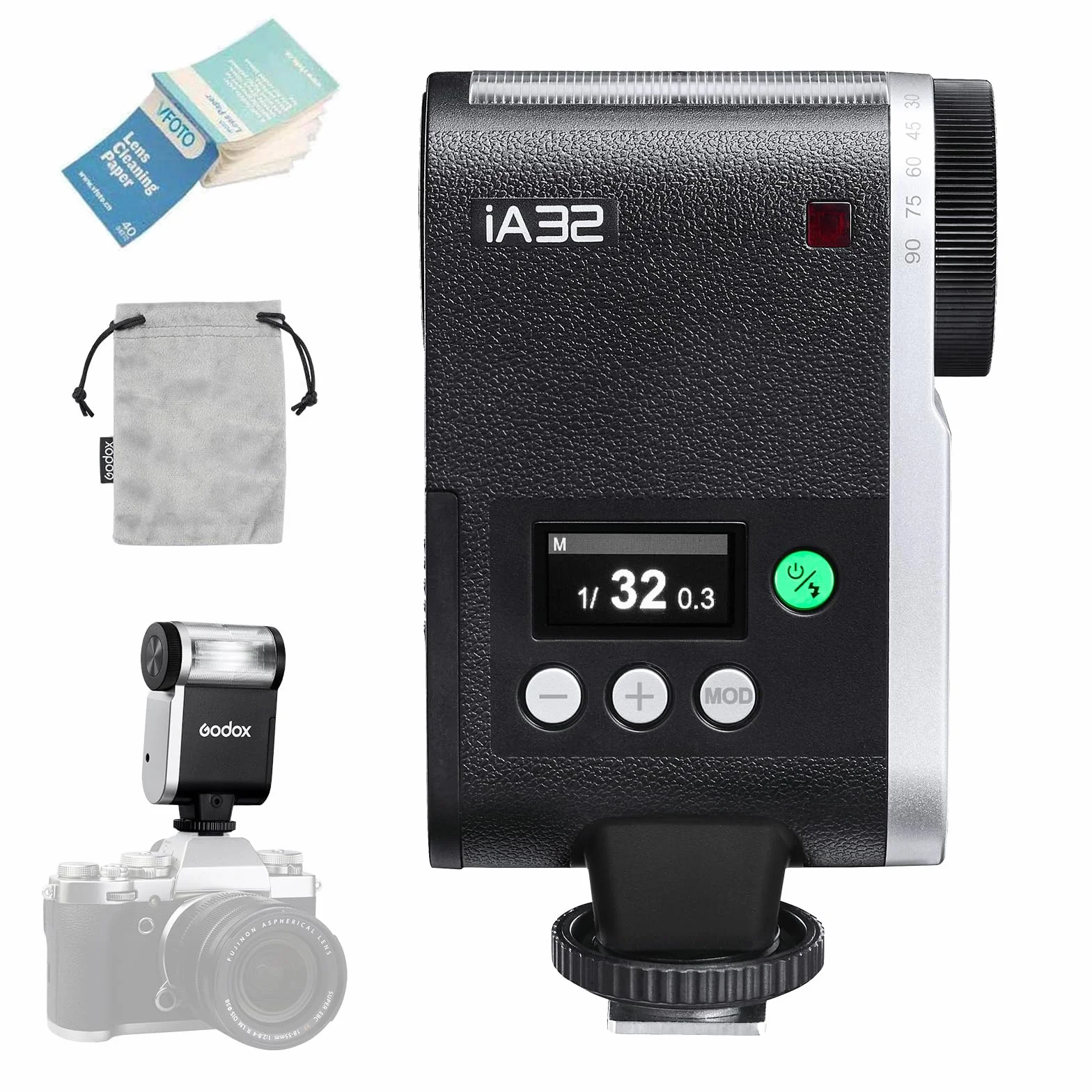 Godox iA32 Mini lampa błyskowa do aparatu, lampa błyskowa, tryb automatyczny/manualny, regulacja lampy błyskowej | GN15 Recycle Time 2.5s,S1/S2 Optical Control,8 Poziomów mocy, Aparaty Flash do Canon Sony Nikon Fuji Panasonic Olympus