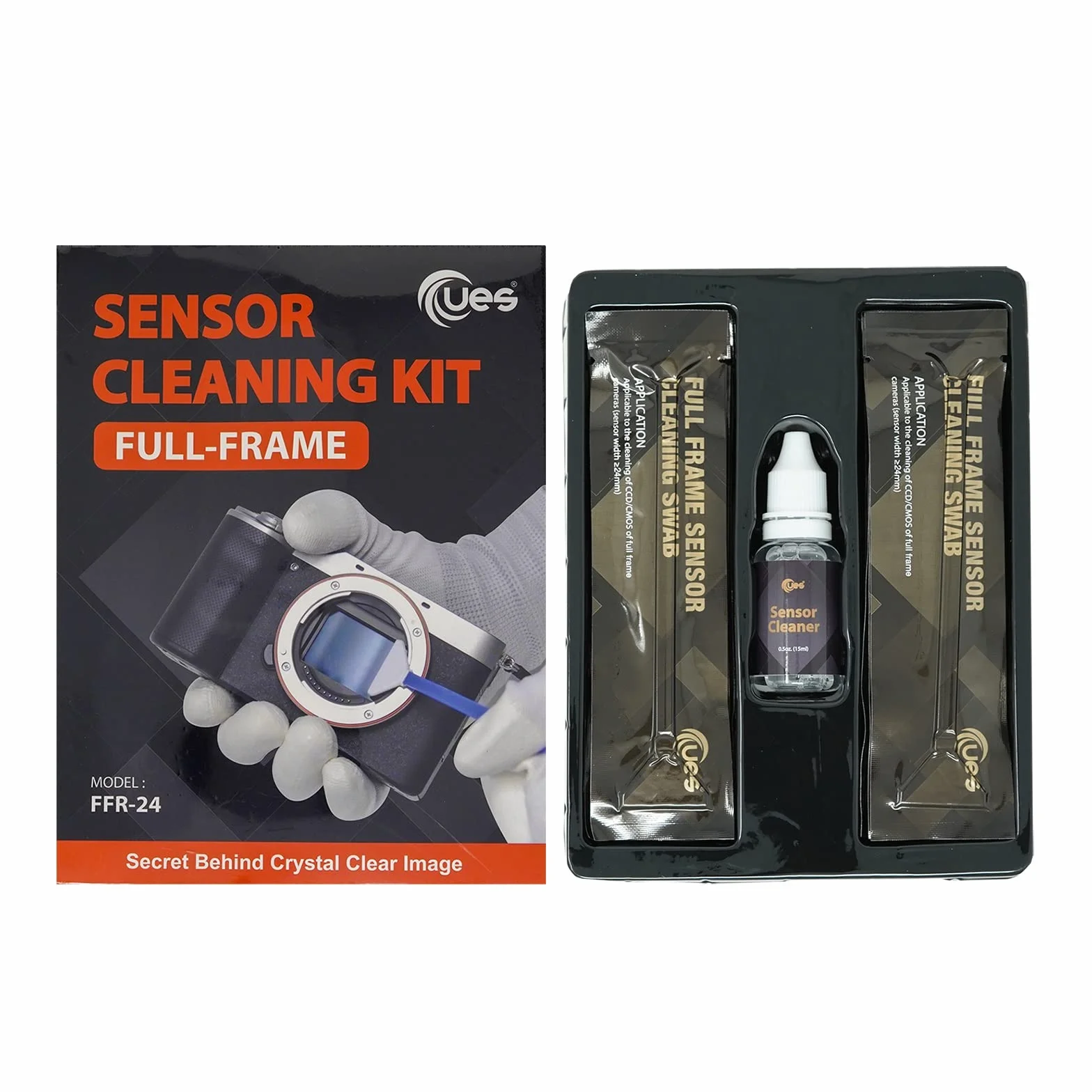 UES zestaw do czyszczenia matrycy pełnoklatkowej, 14 × 24 mm + 15 ml | 14 patyczków 24 mm i 15 ml płynu do usuwania kurzu z matryc aparatów Canon, Sony i Nikon.