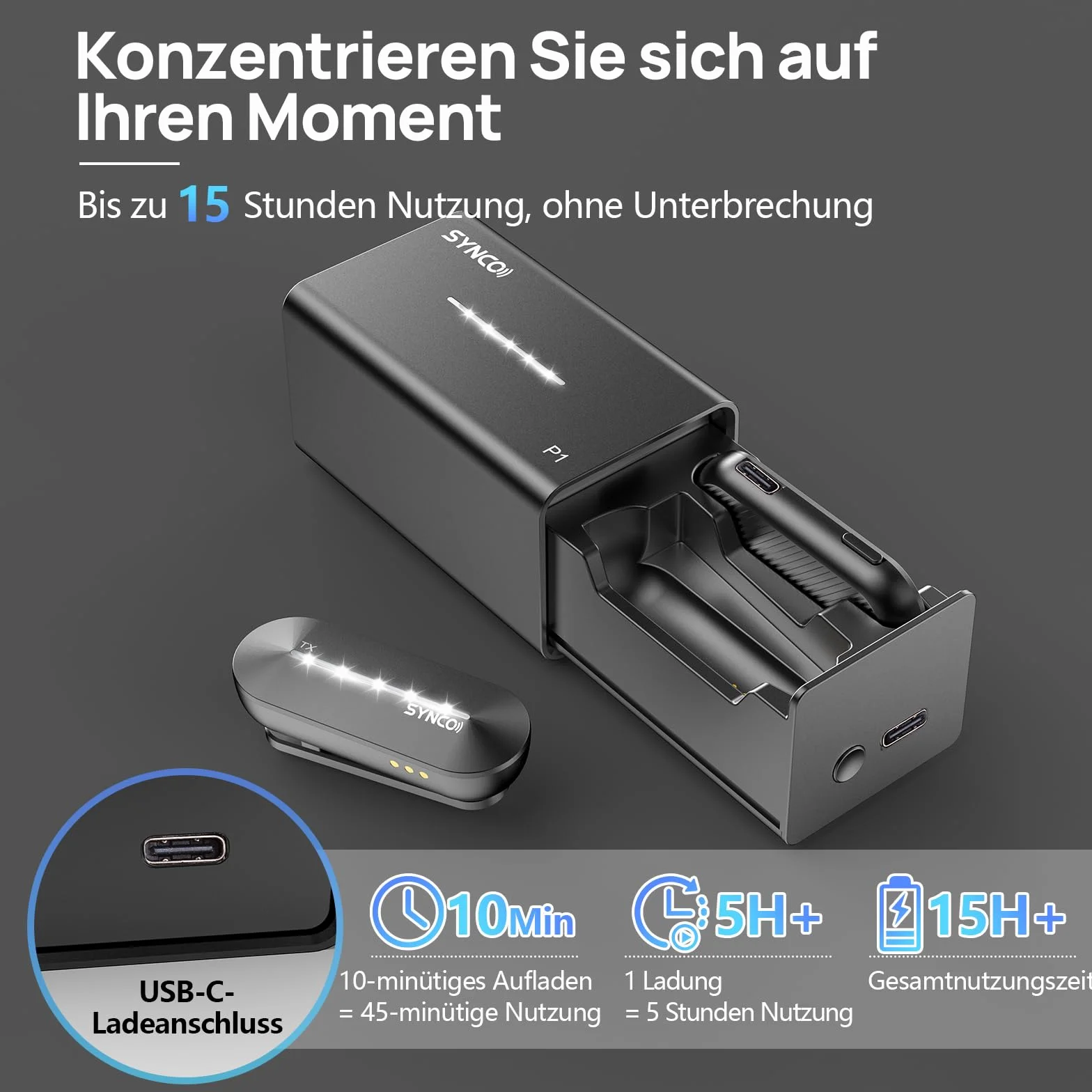 SYNCO Bezprzewodowy mikrofon krawat typu C, P1ST Bezprzewodowy mikrofon 2,4 GHz z etui ładującym do telefonów i tabletów USB C, mikrofon-krawat-bez smartfona