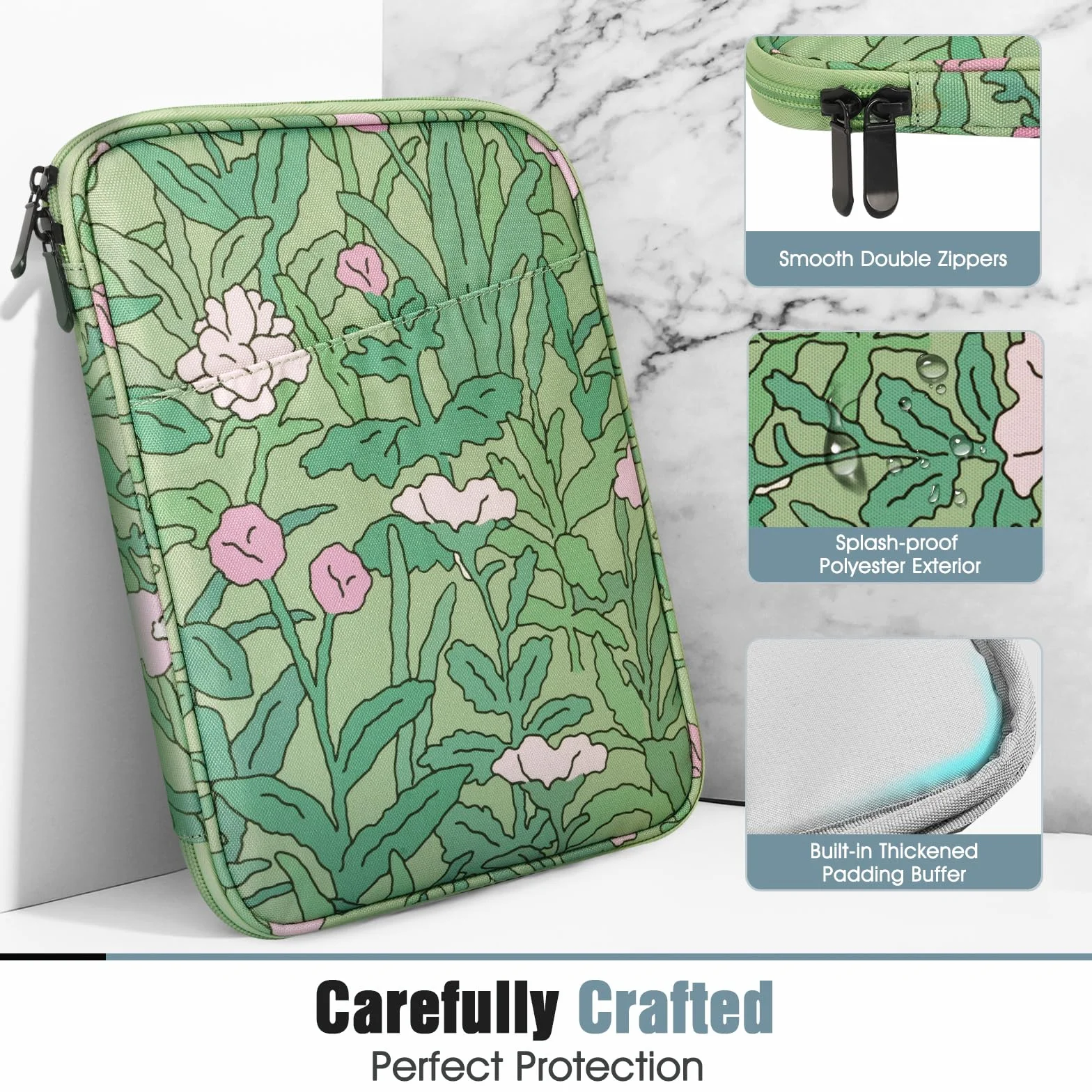 TiMOVO 6-7 Inch Tablet Sleeve for All-New Kindle Paperwhite and Kindle Colorsoft Signature Edition, Protective Sleeve Cover Case with Pocket for Kindle E-Reader/Kindle Oasis, Green Flower