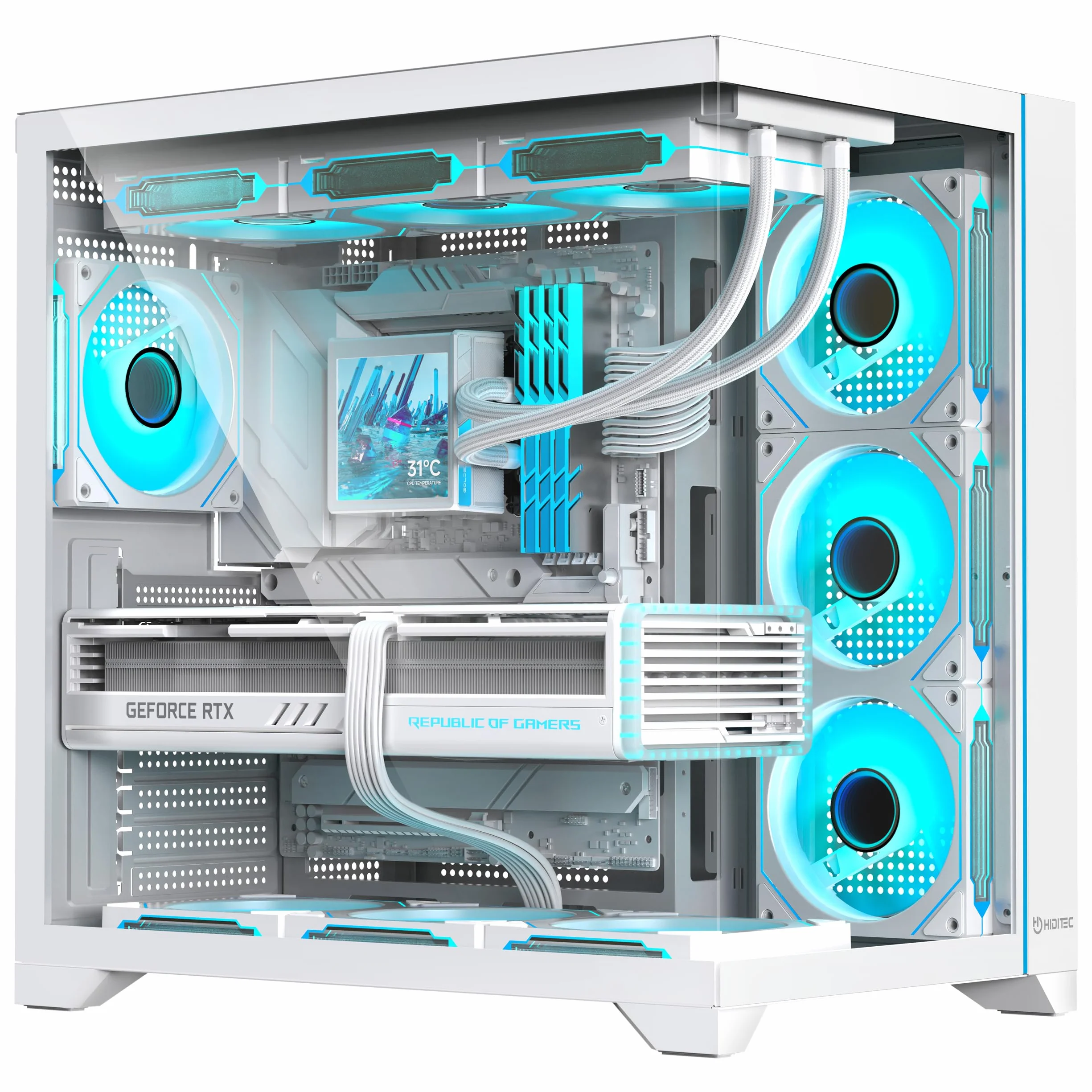 Hiditec Obudowa komputera ATX PC Gaming H3, złącze USB Type-C,1x12cm wentylator ARGB, kontroler ARGB, kompatybilny BTF, ATX i micro ATX, podwozie z systemem podwójnej kamery, do 10 wentylatorów 120 mm