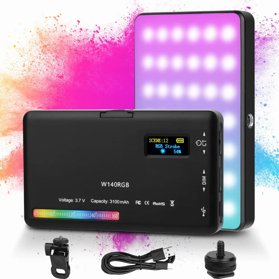AXFEE Lampa wideo LED RGB, 5", światło wideo z możliwością ściemniania, 2500 K - 9000 K, z klipsem na telefon i uchwytem na zimne buty, wbudowany akumulator 3100 mAh, CRI 95+, światło do fotografii